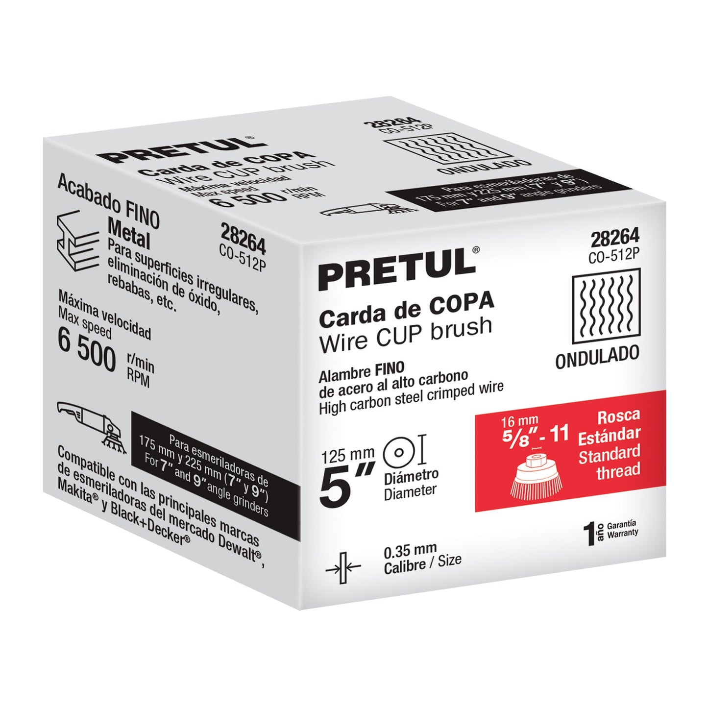 Carda copa 5' alambre ondulado fino, eje 5/8'-11, Pretul | CO-512P | 28264