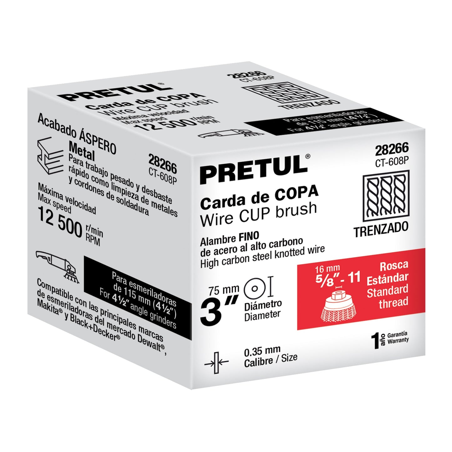 Carda copa 3' alambre trenzado fino, eje 5/8'-11, Pretul | CT-608P | 28266