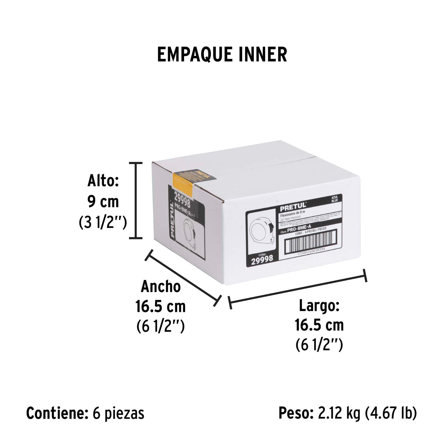 Flexómetro azul 8 m cinta 25 mm, en tarjeta, PRETUL | PRO-8ME-A | 29998