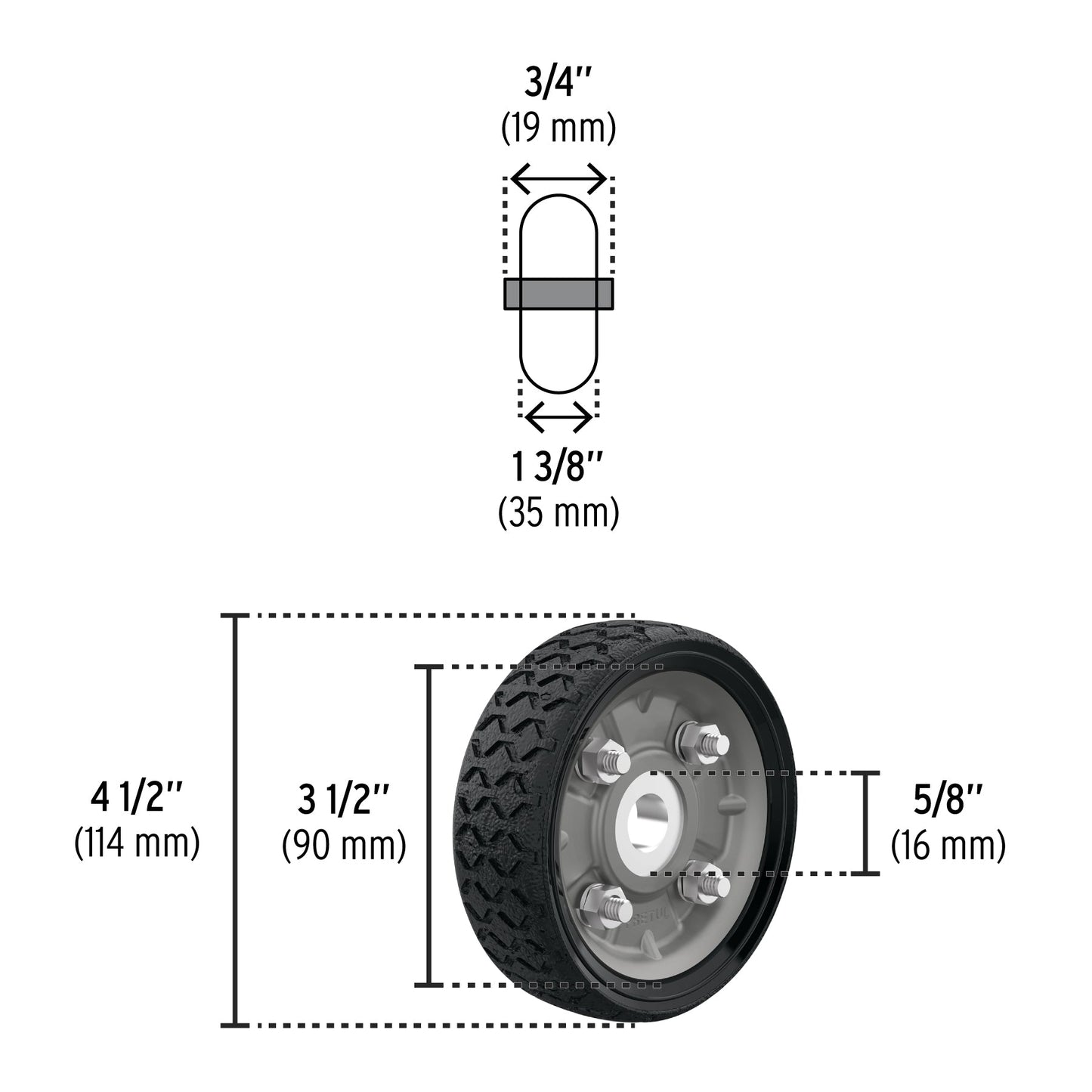 Rueda de hule sólido 4-1/2' para diablo, un balero, Pretul | RD-41 | 45476
