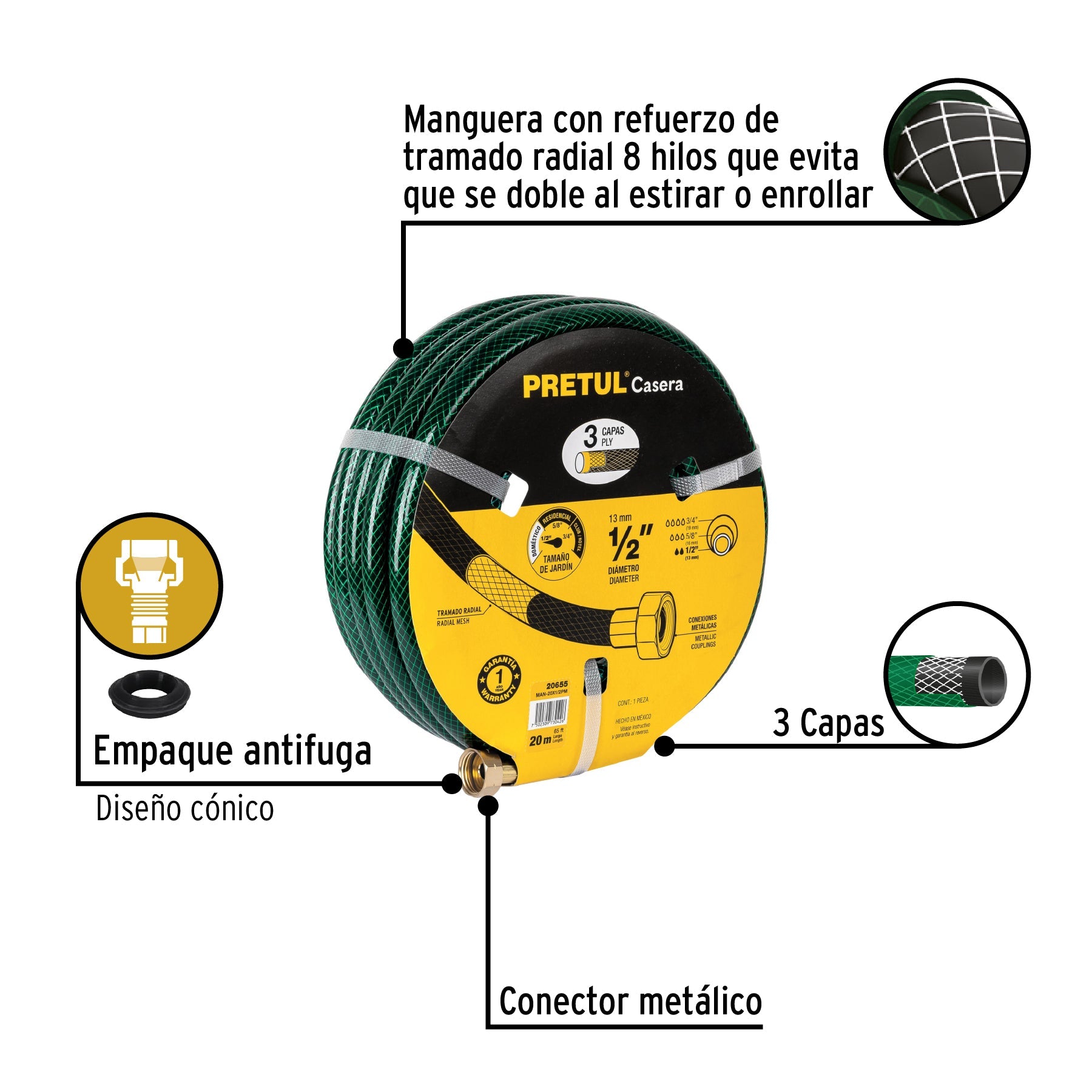 Manguera 1/2' reforzada 3 capas conexiones metal 20m, Pretul | MAN-20X1/2PM | 20655