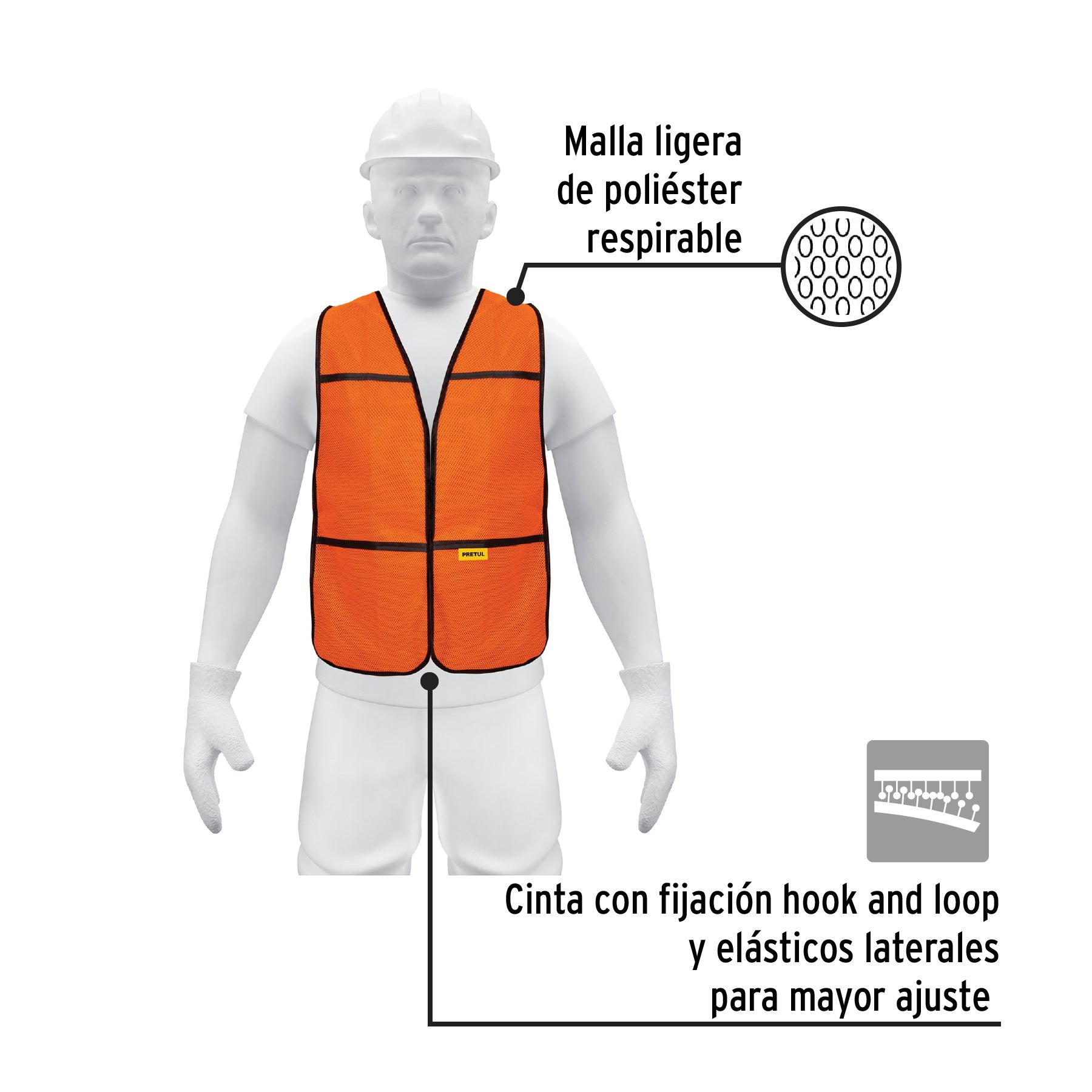 Chaleco de seguridad, uso de día, naranja, Pretul | CHS-100N | 21023
