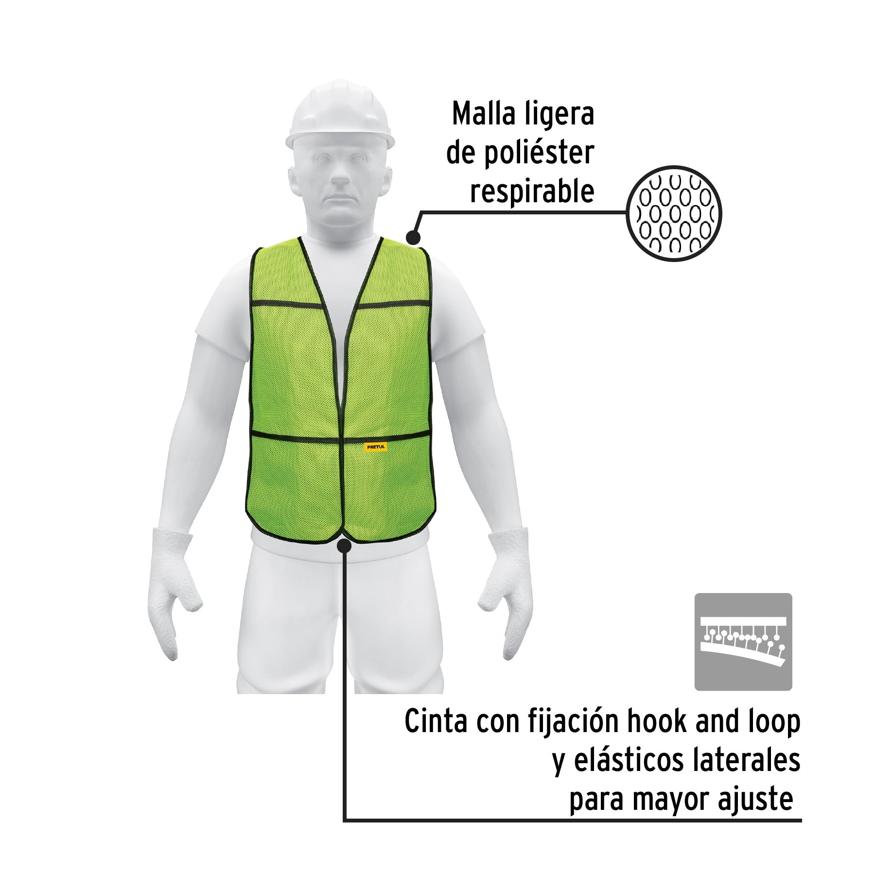 Chaleco de seguridad, uso de día, verde, Pretul | CHS-100V | 21024