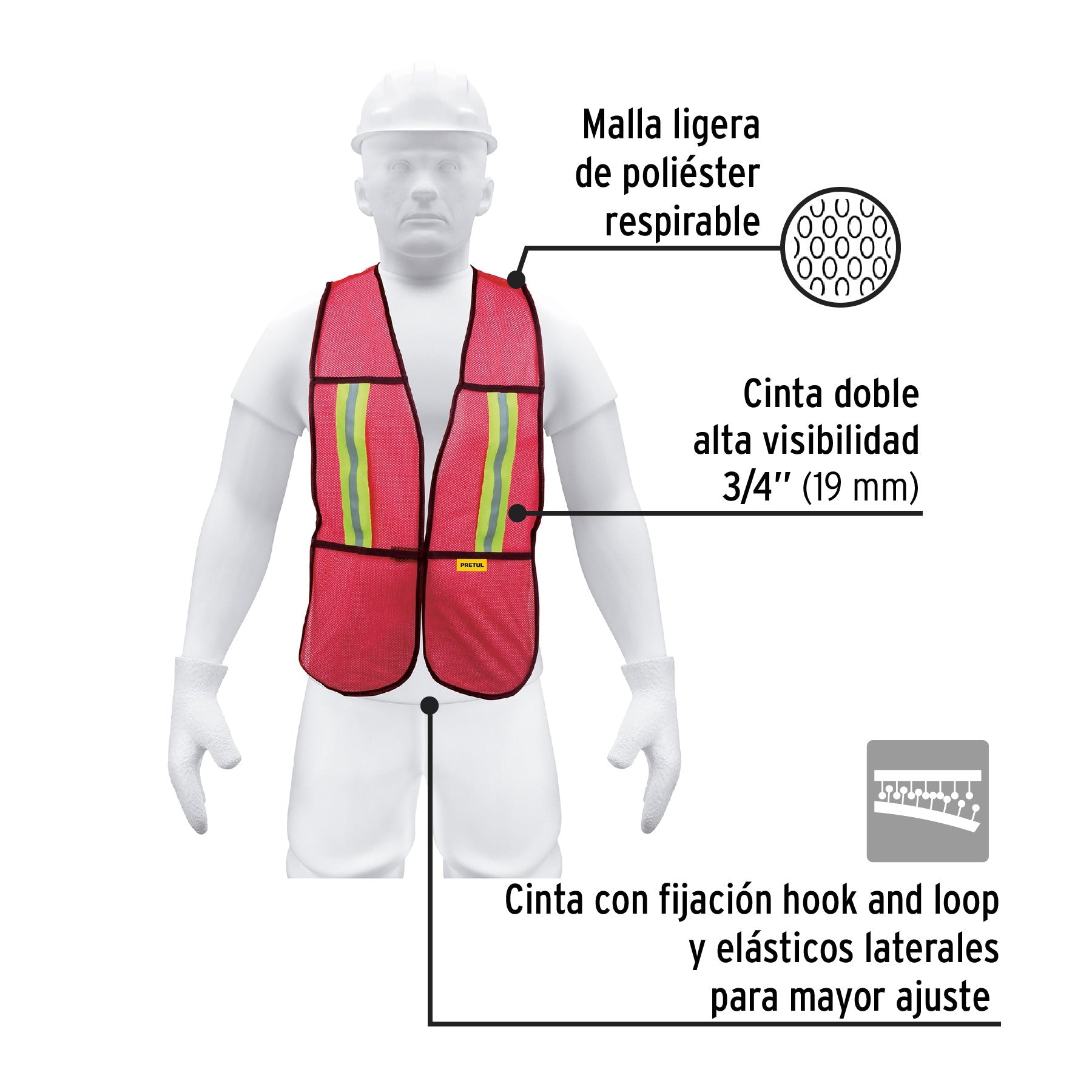 Chaleco de seguridad con cintas reflejantes, rojo, Pretul | CHS-200R | 21028
