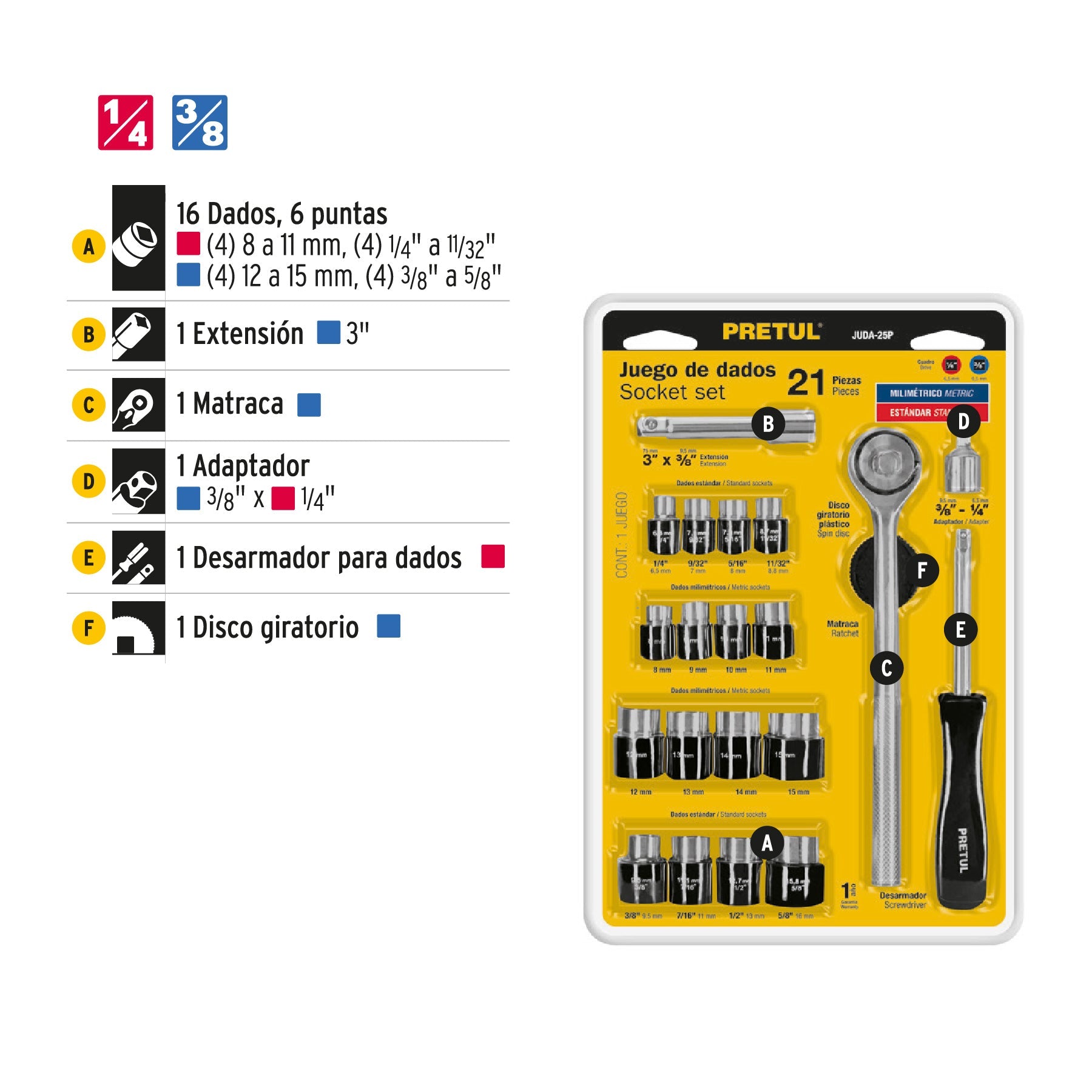 Juego de 21 herramientas 1/4' y 3/8' para mecánico, Pretul | JUDA-25P | 21162