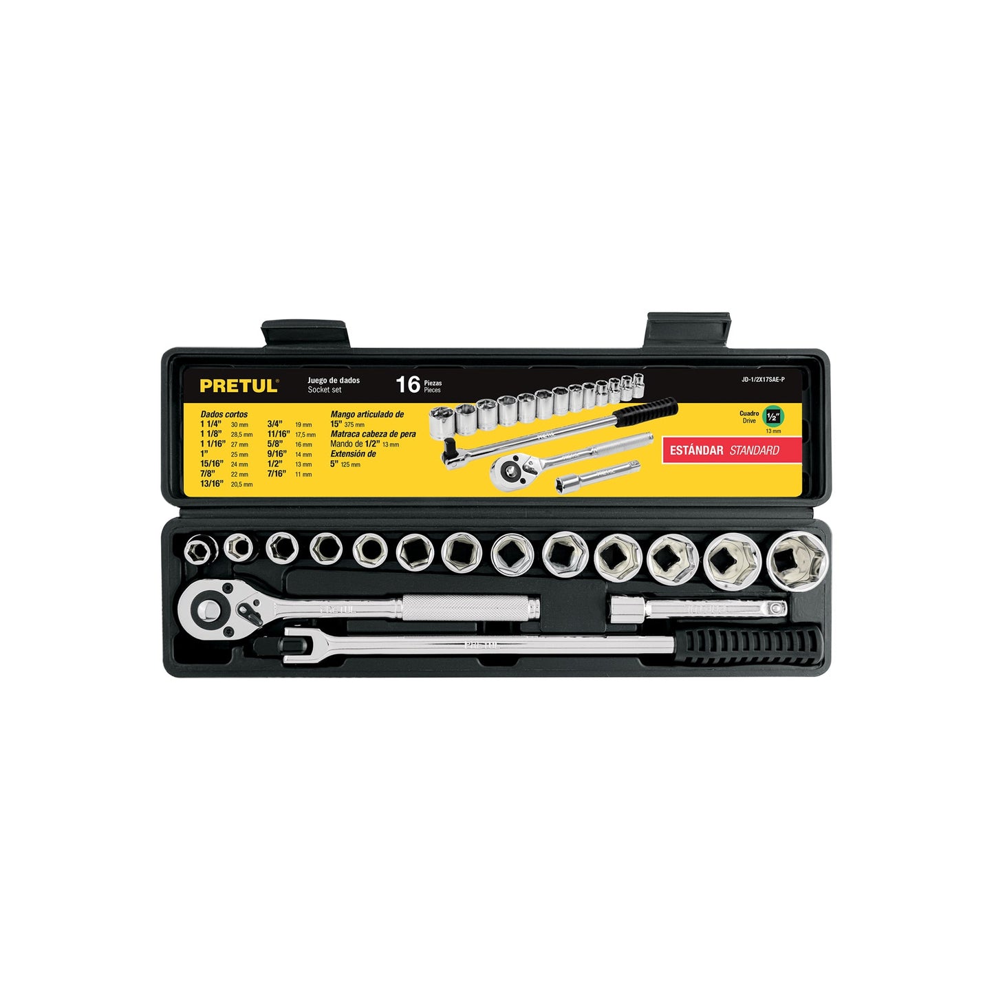 Juego de 16 herramientas 1/2' std para mecánico, Pretul | JD-1/2X17SAE-P | 21172