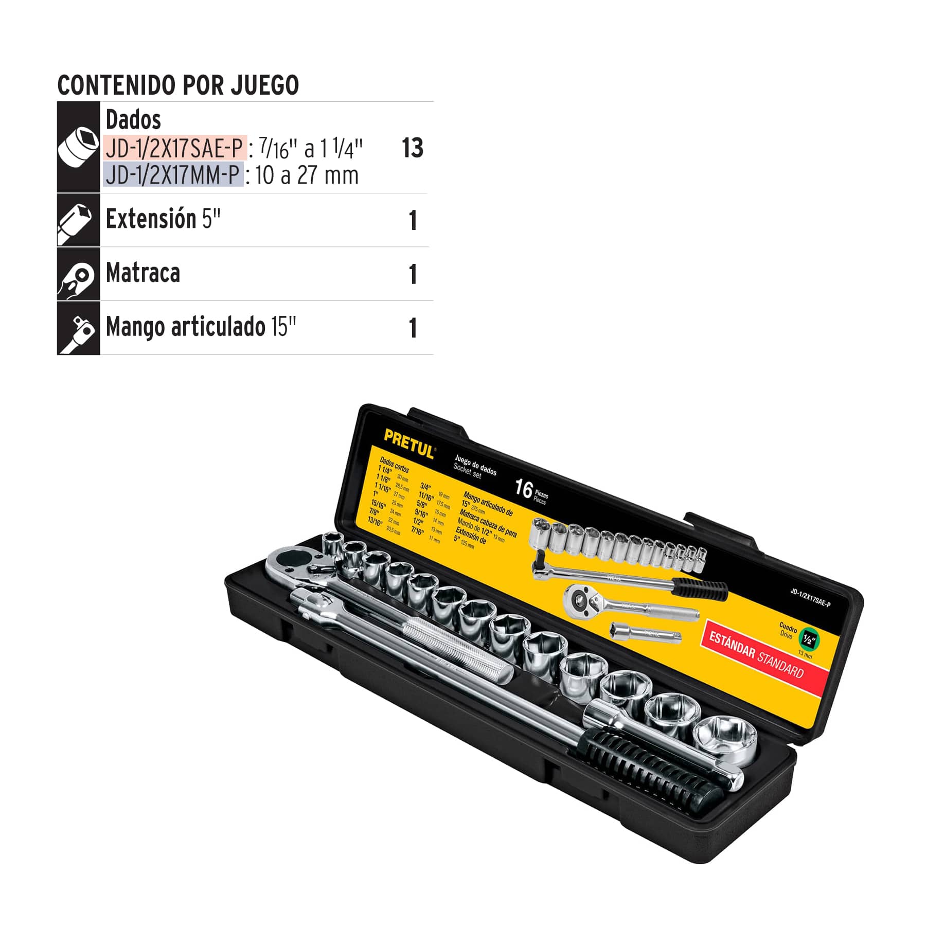 Juego de 16 herramientas 1/2' std para mecánico, Pretul | JD-1/2X17SAE-P | 21172