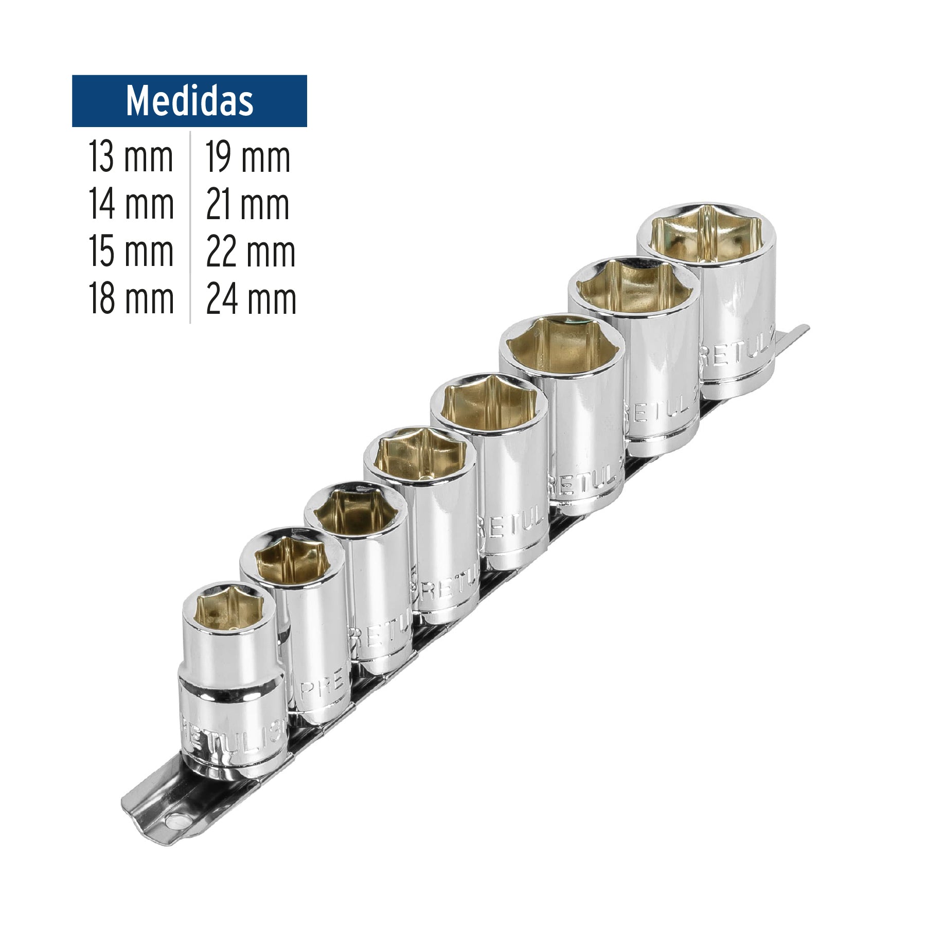Juego de 8 dados cuadro 1/2' mm, Pretul | JD-1/2X9MM-P | 21176