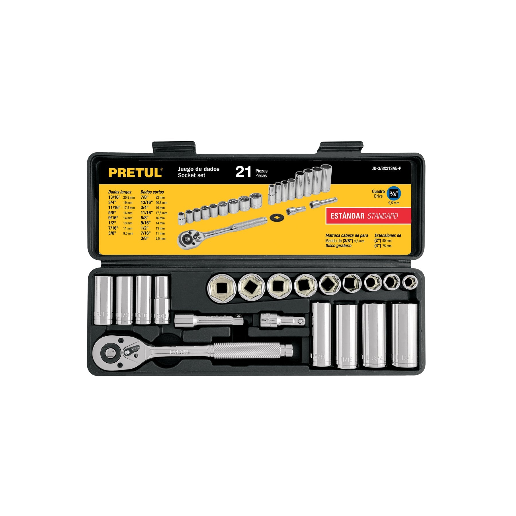 Juego de 21 herramientas 3/8' std para mecánico, Pretul | JD-3/8X21SAE-P | 21187