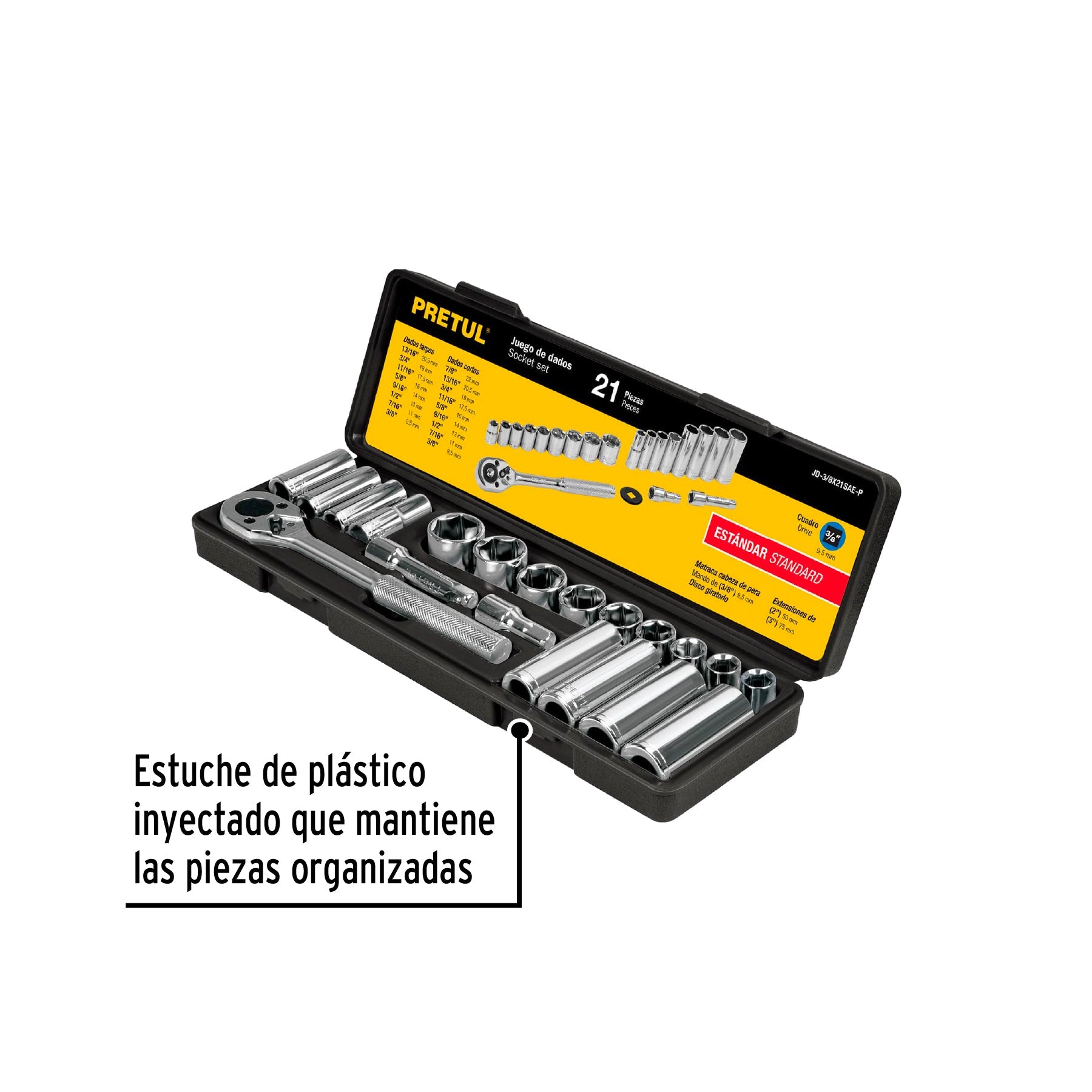 Juego de 21 herramientas 3/8' std para mecánico, Pretul | JD-3/8X21SAE-P | 21187