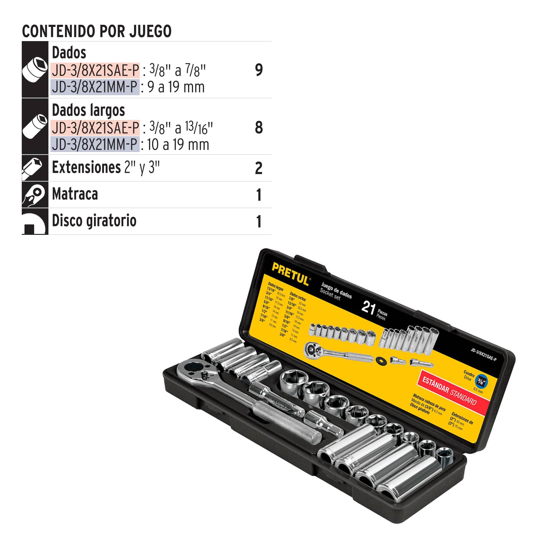 Juego de 21 herramientas 3/8' std para mecánico, Pretul | JD-3/8X21SAE-P | 21187
