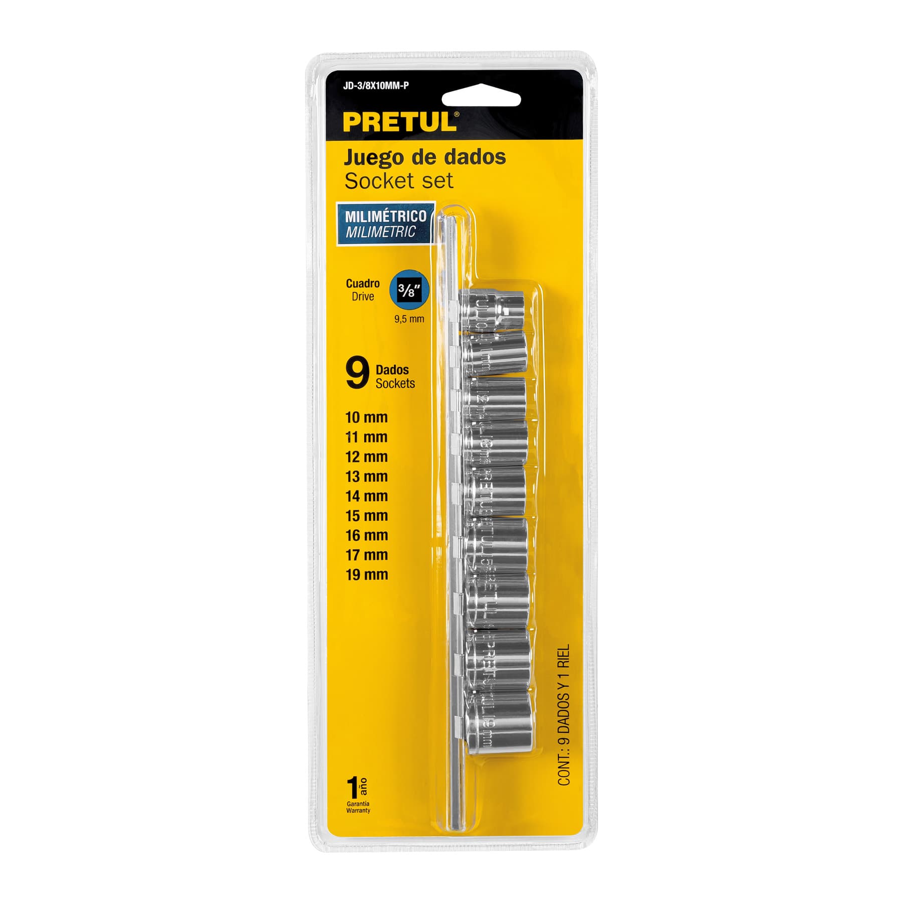 Juego de 9 dados cuadro 3/8' mm, Pretul | JD-3/8X10MM-P | 21189