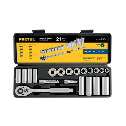 Juego de 21 herramientas 3/8' mm para mecánico, Pretul | JD-3/8X21MM-P | 21191