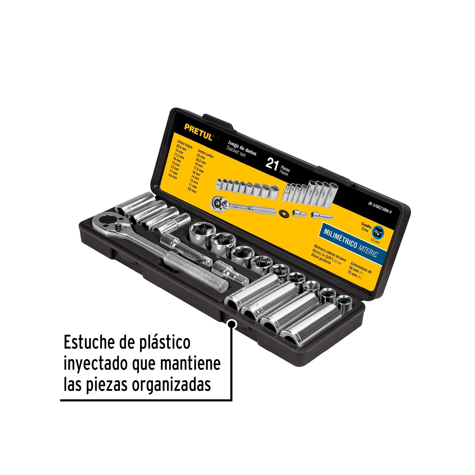 Juego de 21 herramientas 3/8' mm para mecánico, Pretul | JD-3/8X21MM-P | 21191
