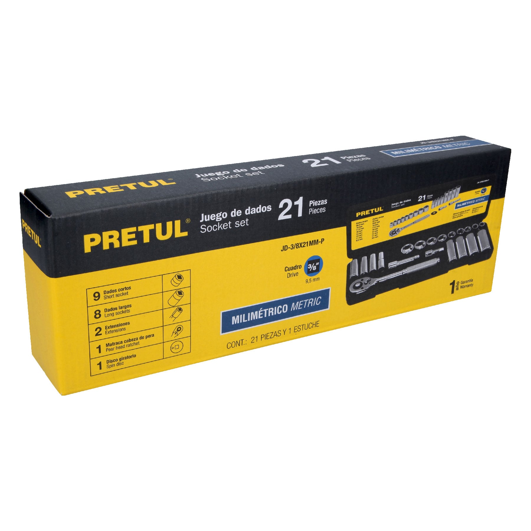 Juego de 21 herramientas 3/8' mm para mecánico, Pretul | JD-3/8X21MM-P | 21191