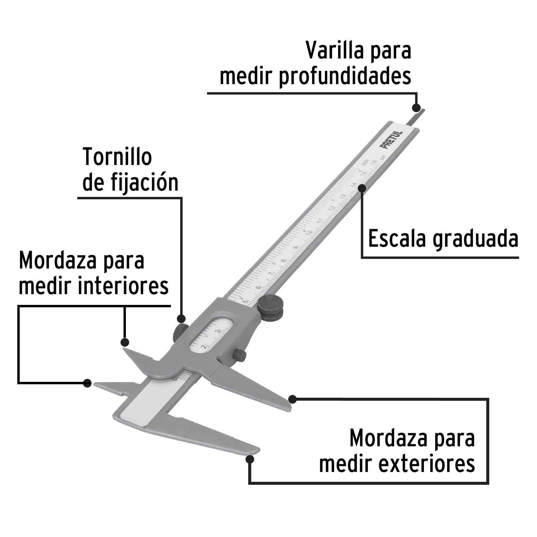 Calibrador vernier escolar 6', acero, std y mm, PRETUL | VER-6PX | 21455