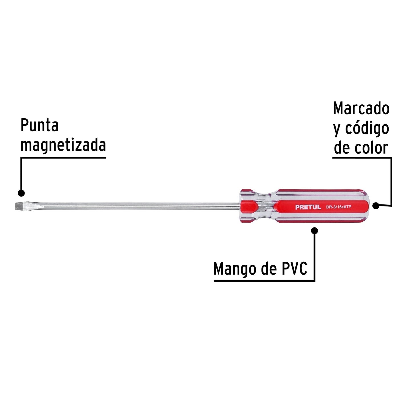 Desarmador plano 3/16 x 6' mango de PVC, Pretul | DR-3/16X6TP | 21457