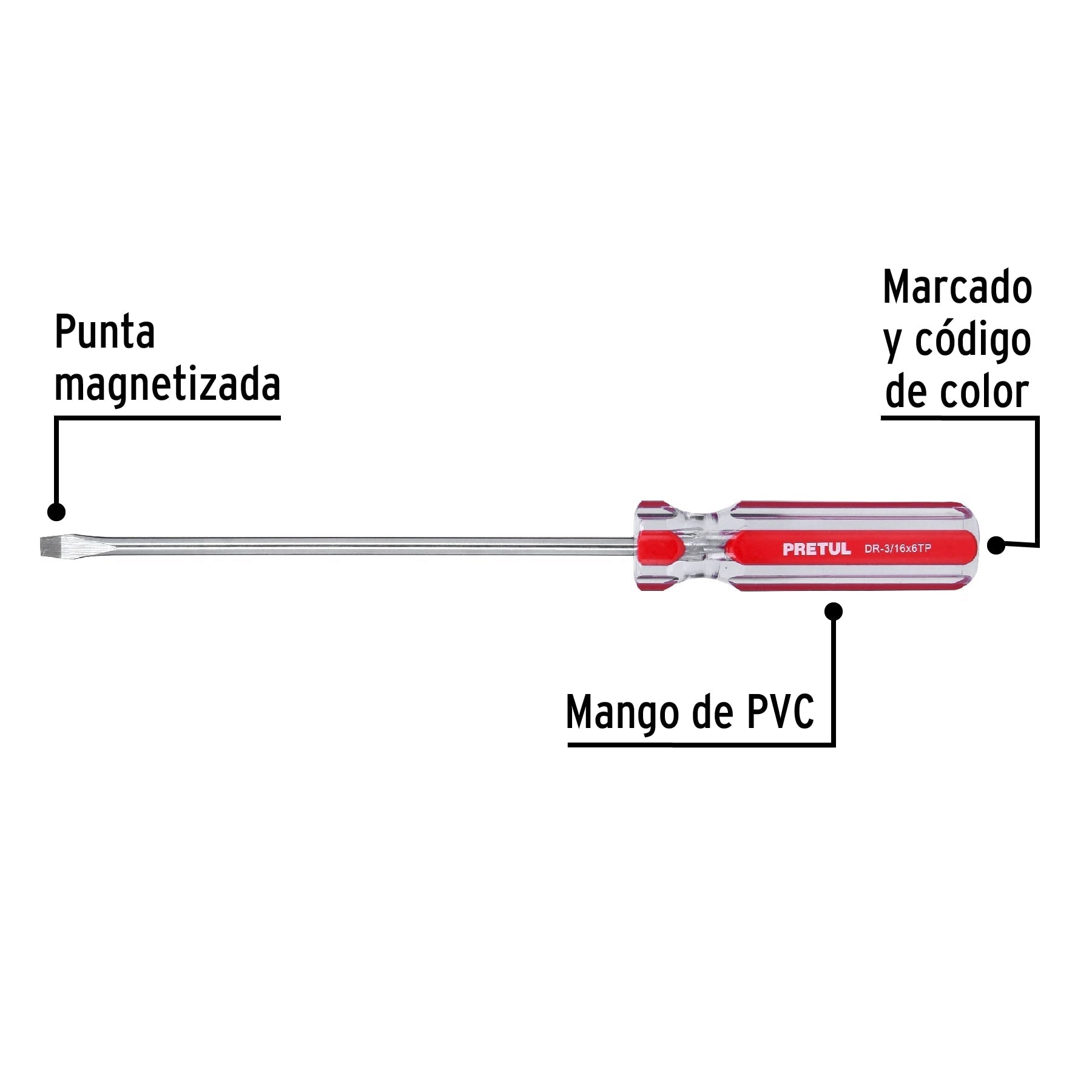 Desarmador plano 3/16 x 6' mango de PVC, Pretul | DR-3/16X6TP | 21457