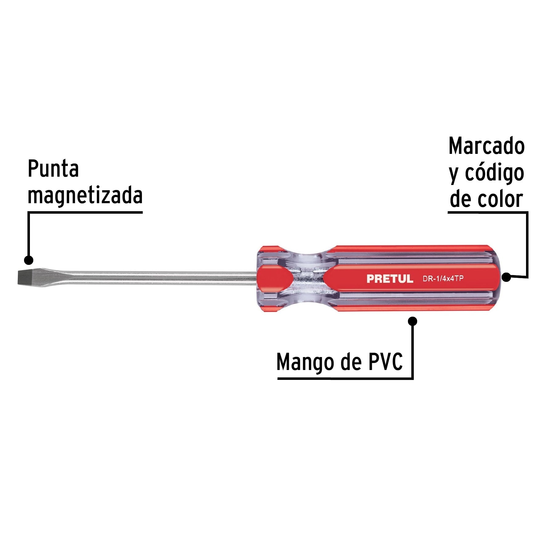 Desarmador plano 1/4 x 4' mango de PVC, Pretul | DR-1/4X4TP | 21459