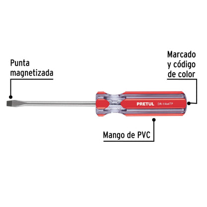 Desarmador plano 1/4 x 4' mango de PVC, Pretul | DR-1/4X4TP | 21459