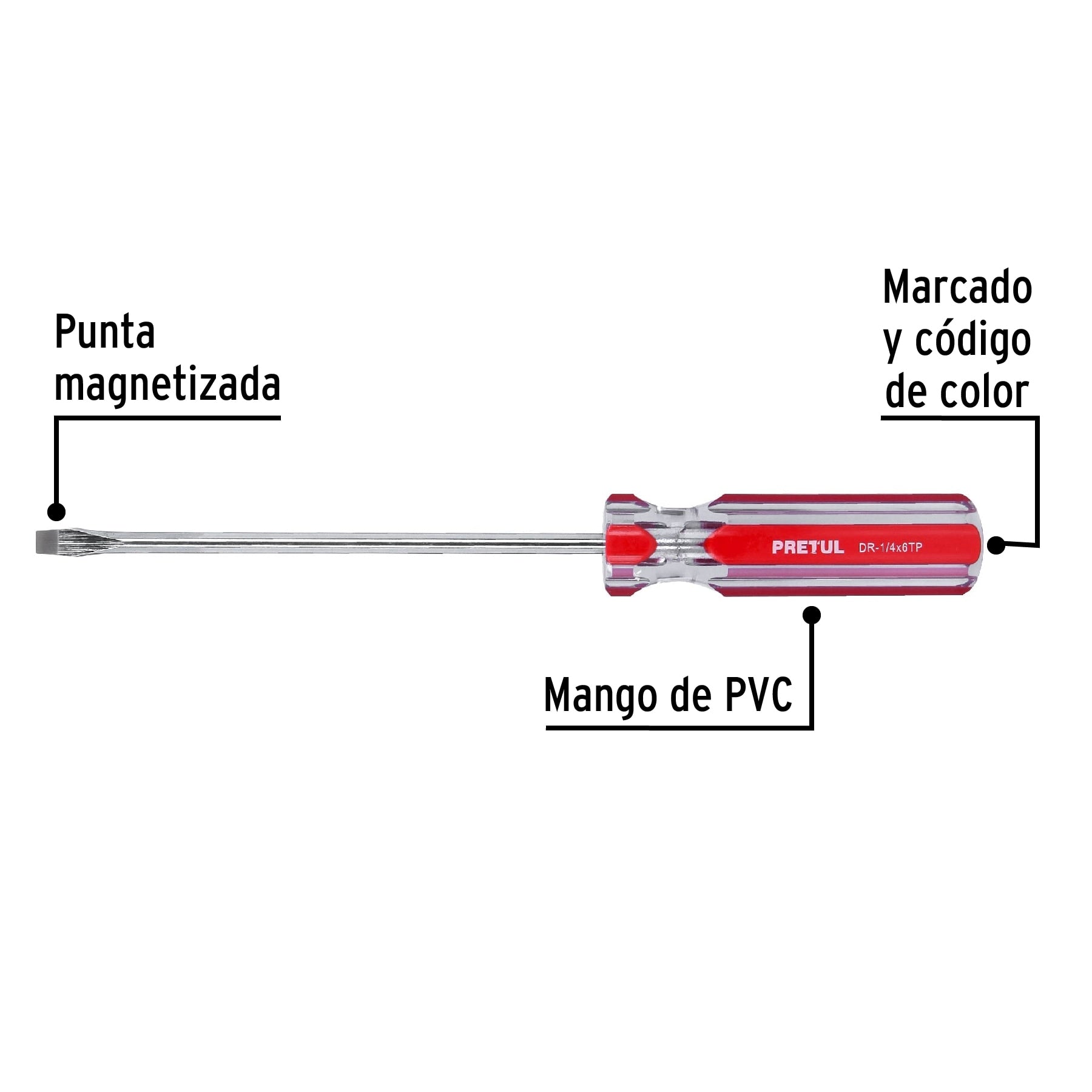 Desarmador plano 1/4 x 6' mango de PVC, Pretul | DR-1/4X6TP | 21462
