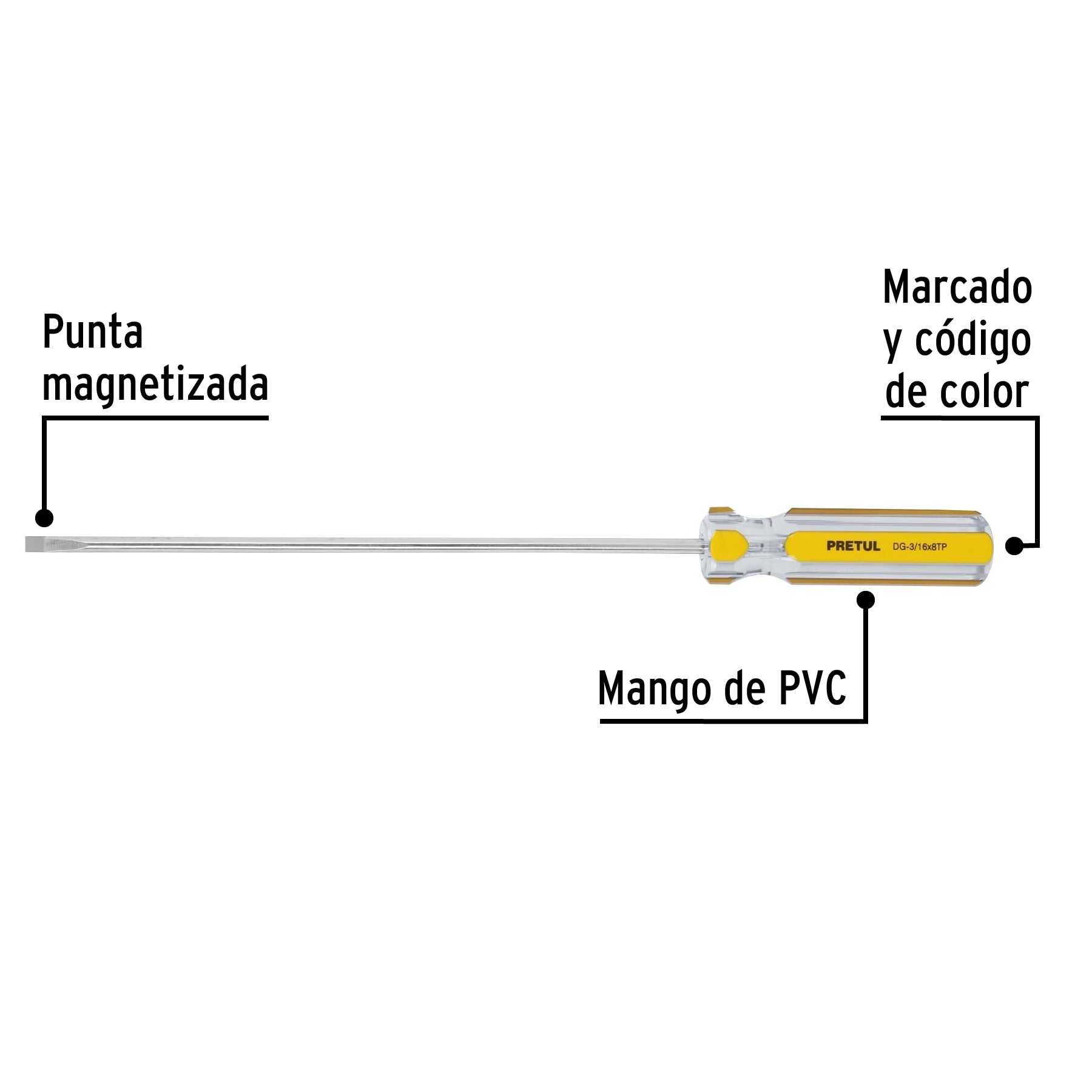 Desarmador cabinet 3/16 x 8' mango de PVC, Pretul | DG-3/16X8TP | 21469