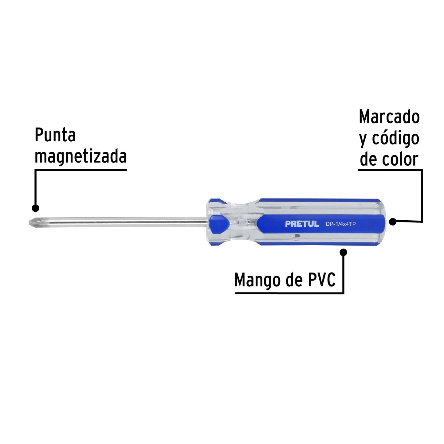 Desarmador de cruz 1/4 x 4' mango de PVC, Pretul | DP-1/4X4TP | 21474