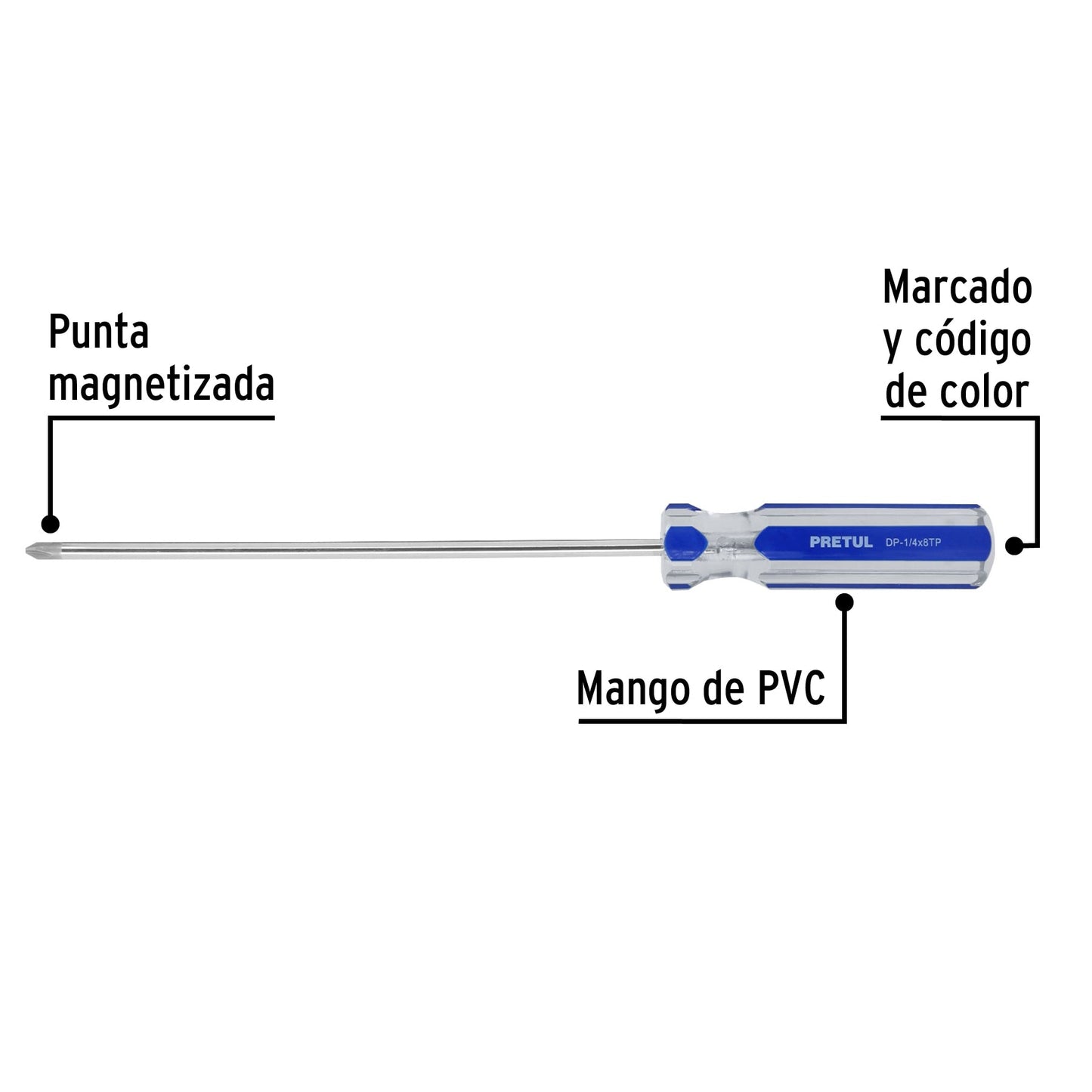 Desarmador de cruz 1/4 x 8' mango de PVC, Pretul | DP-1/4X8TP | 21475