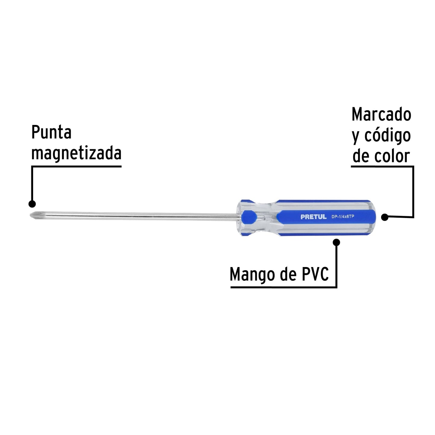 Desarmador de cruz 1/4 x 6' mango de PVC, Pretul | DP-1/4X6TP | 21477
