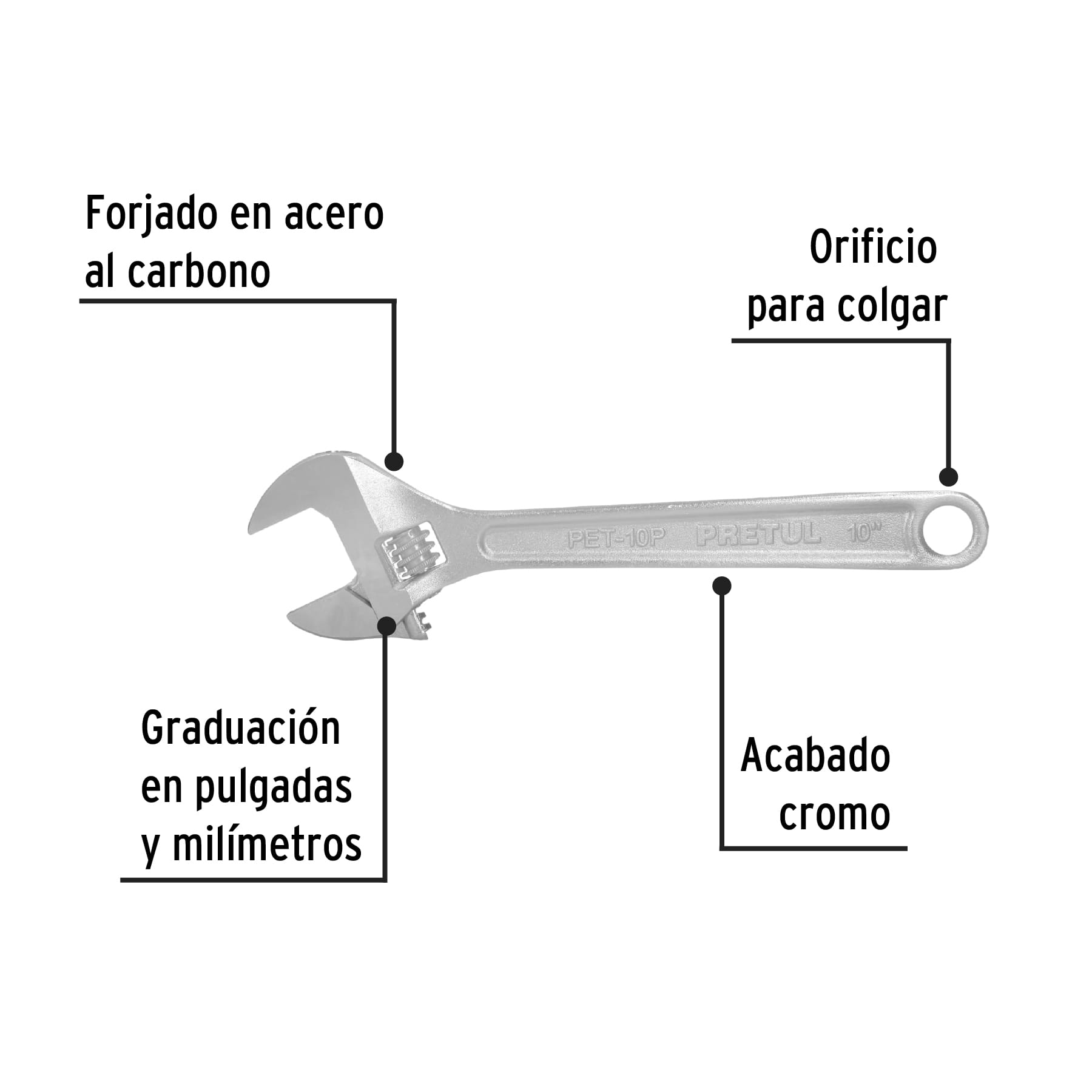 Llave ajustable (perico) 10' cromada, Pretul | PET-10P | 21816
