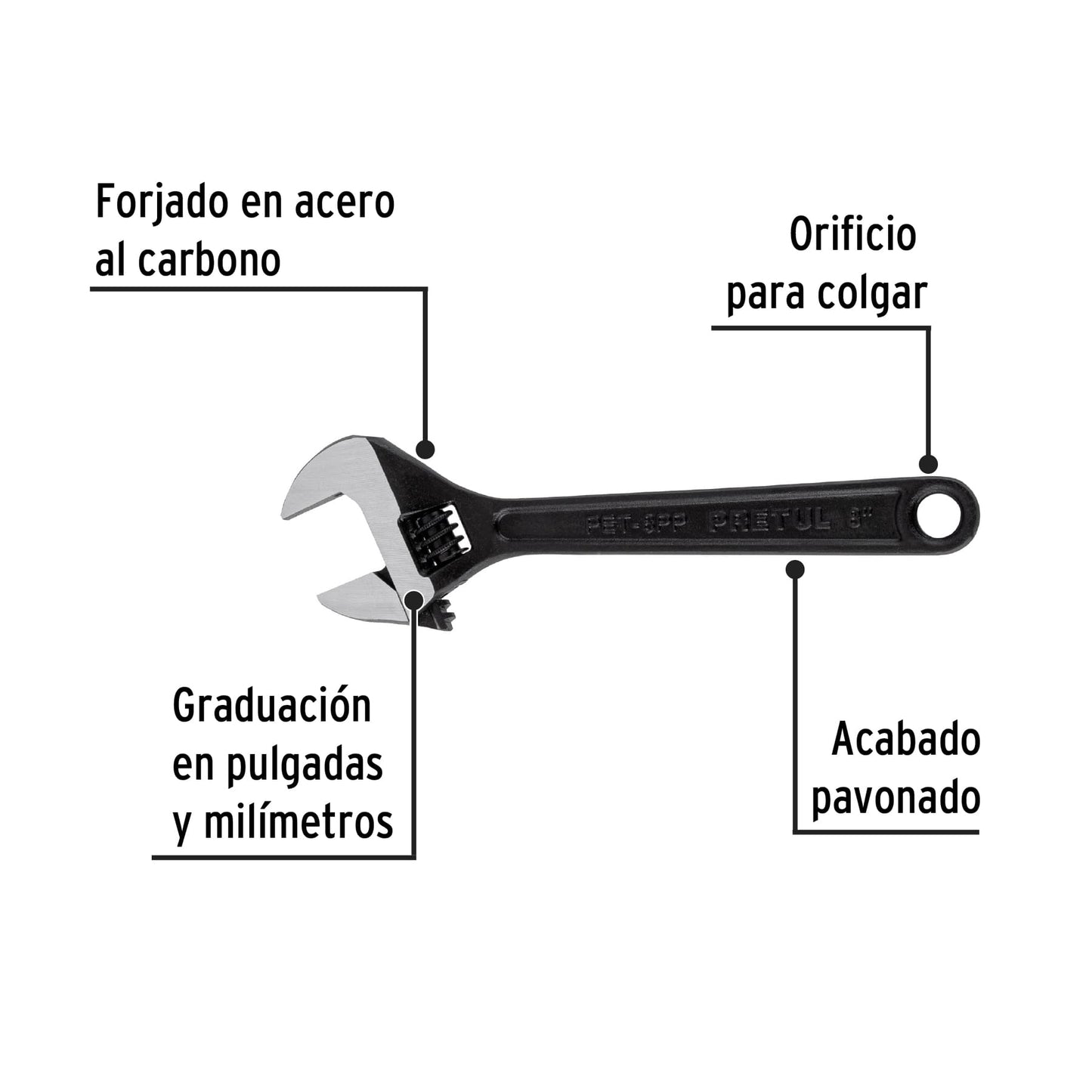 Llave ajustable (perico) 8' pavonada, Pretul | PET-8PP | 21823