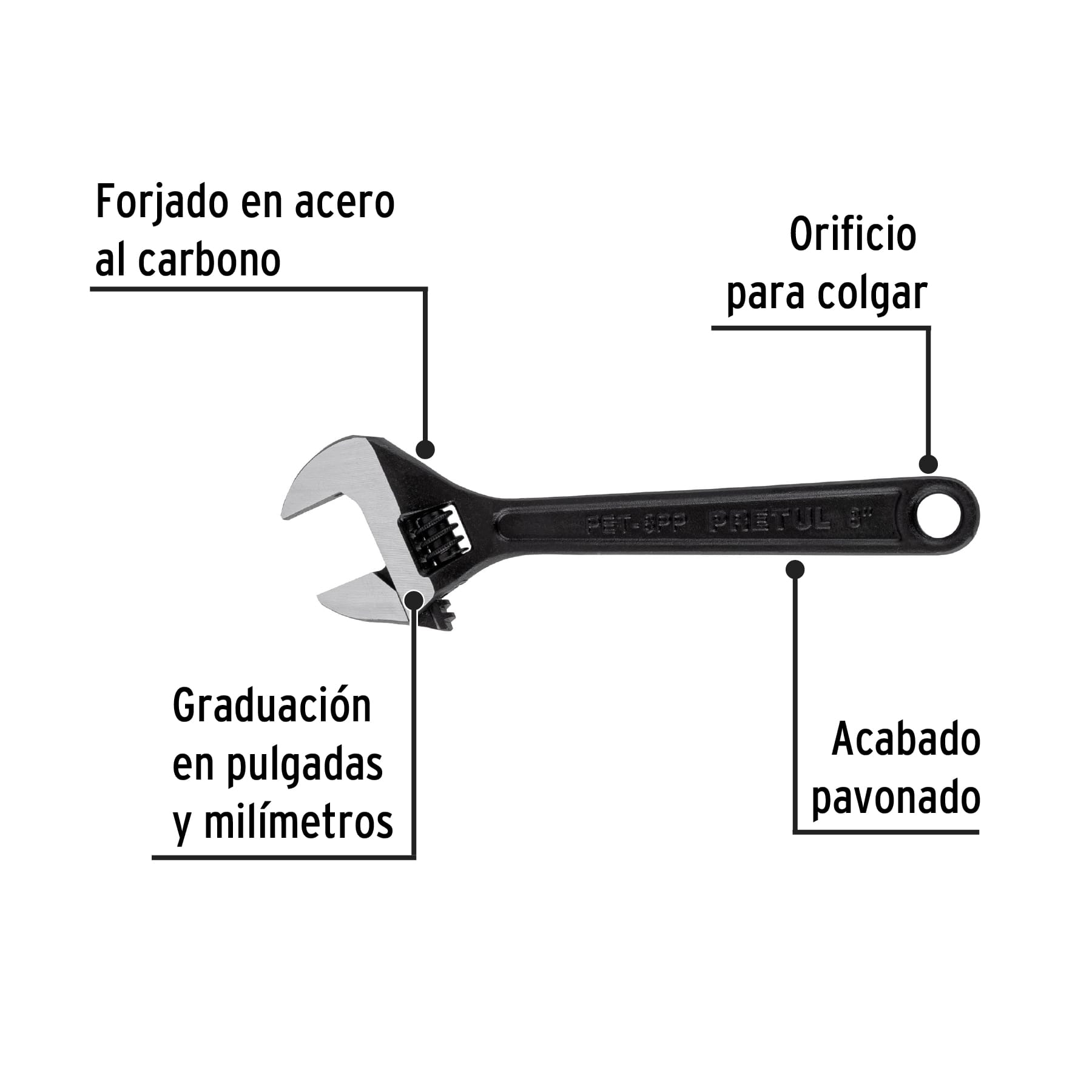 Llave ajustable (perico) 8' pavonada, Pretul | PET-8PP | 21823