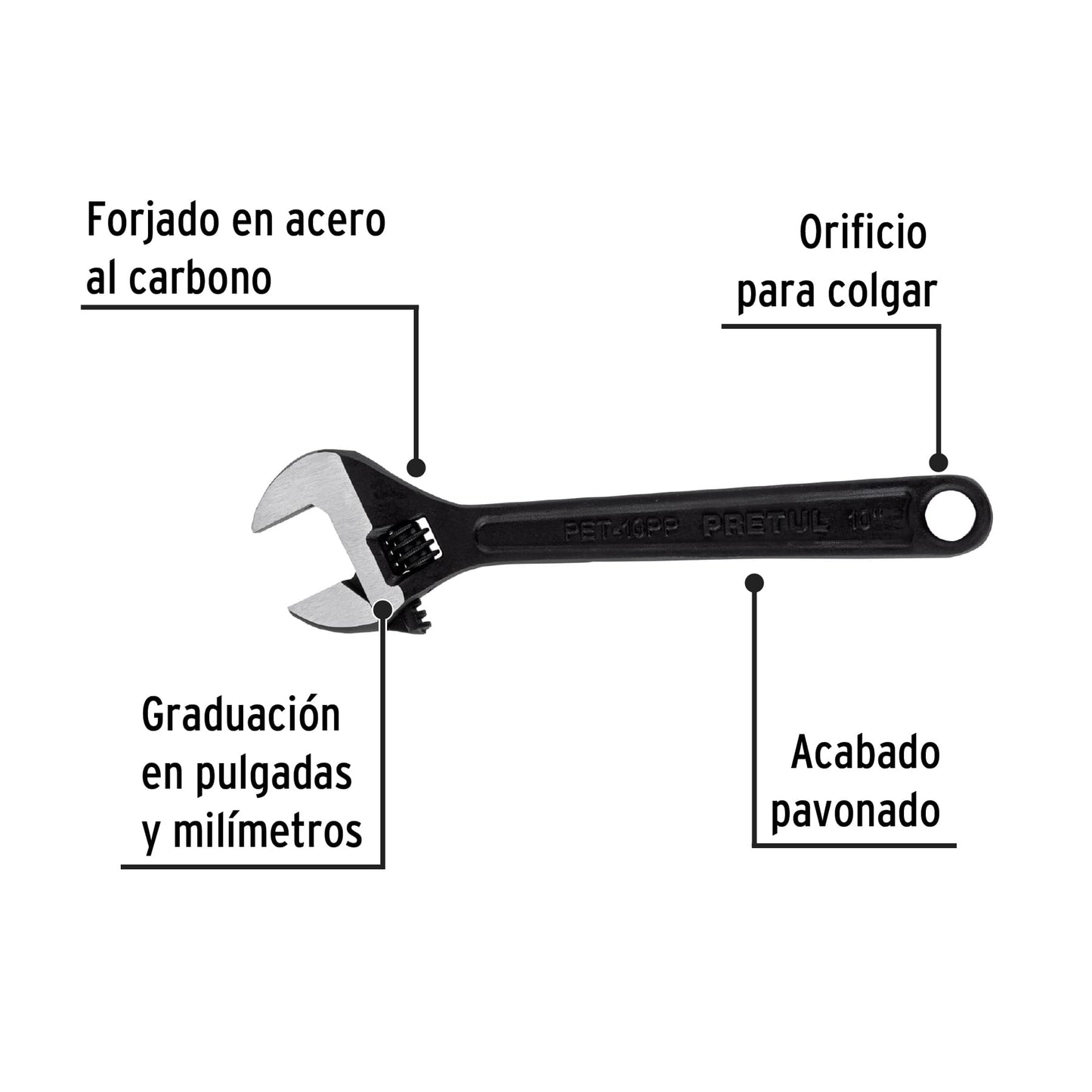 Llave ajustable (perico) 10' pavonada, Pretul | PET-10PP | 21824