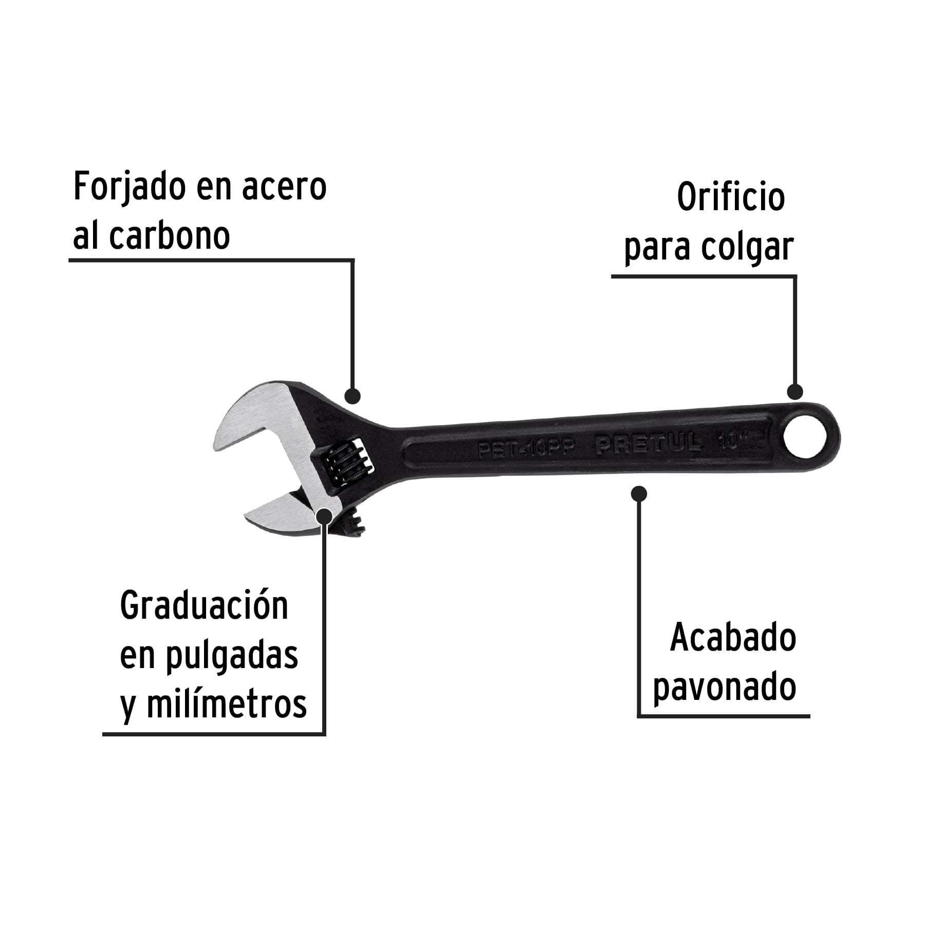 Llave ajustable (perico) 10' pavonada, Pretul | PET-10PP | 21824