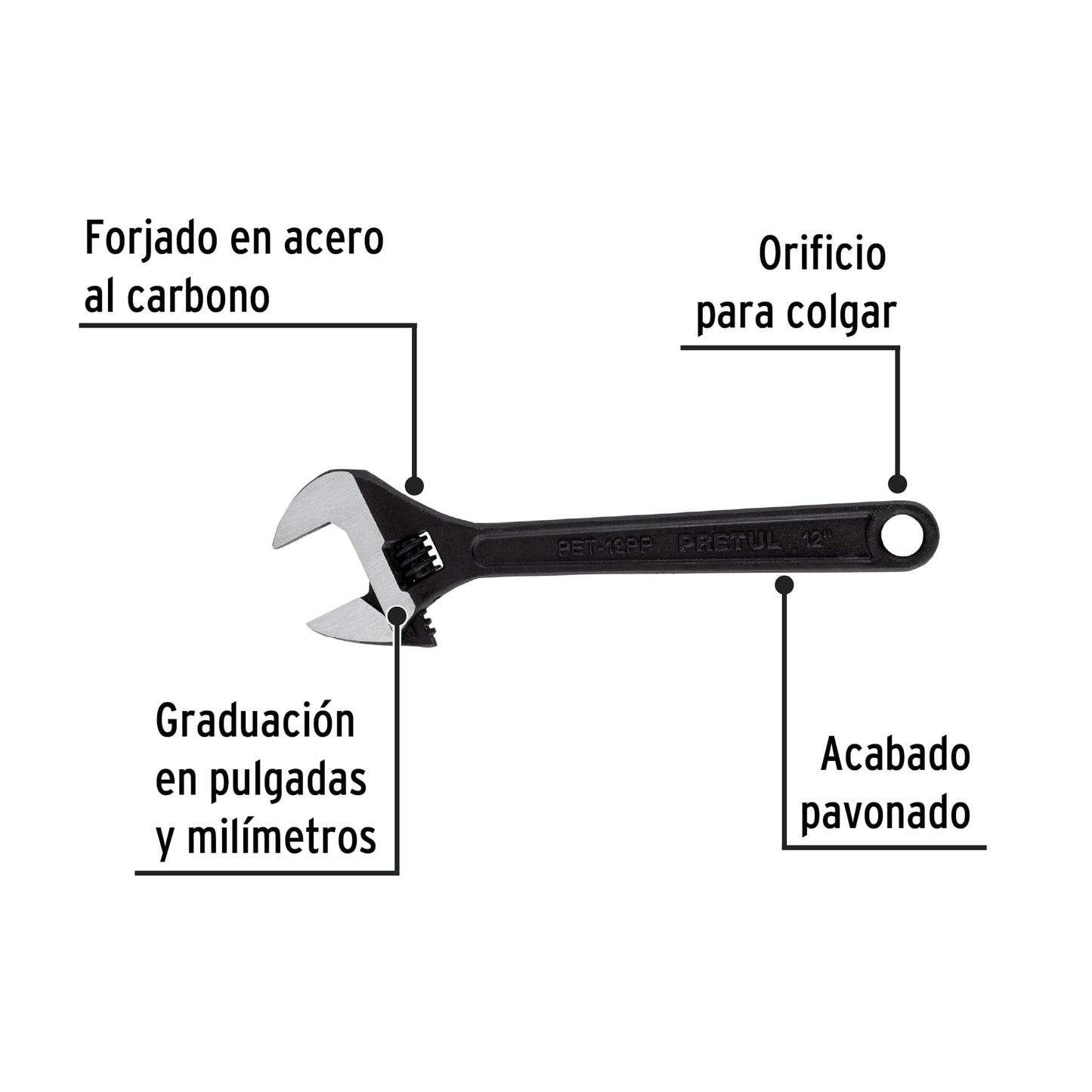 Llave ajustable (perico) 12' pavonada, Pretul | PET-12PP | 21825