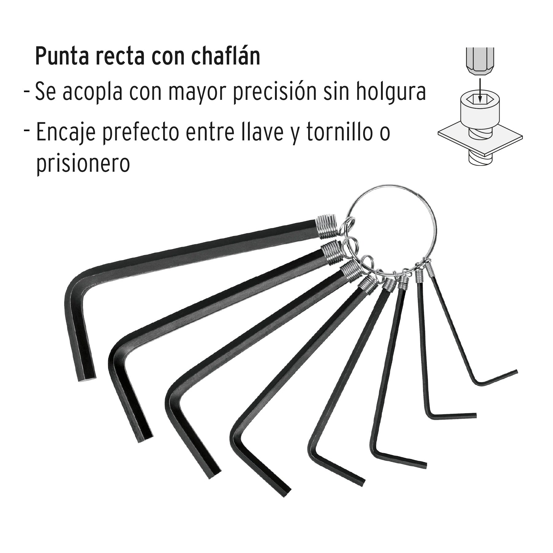 Juego de 8 llaves allen std tipo llavero, punta hex, PRETUL | ALL-P8P | 21850