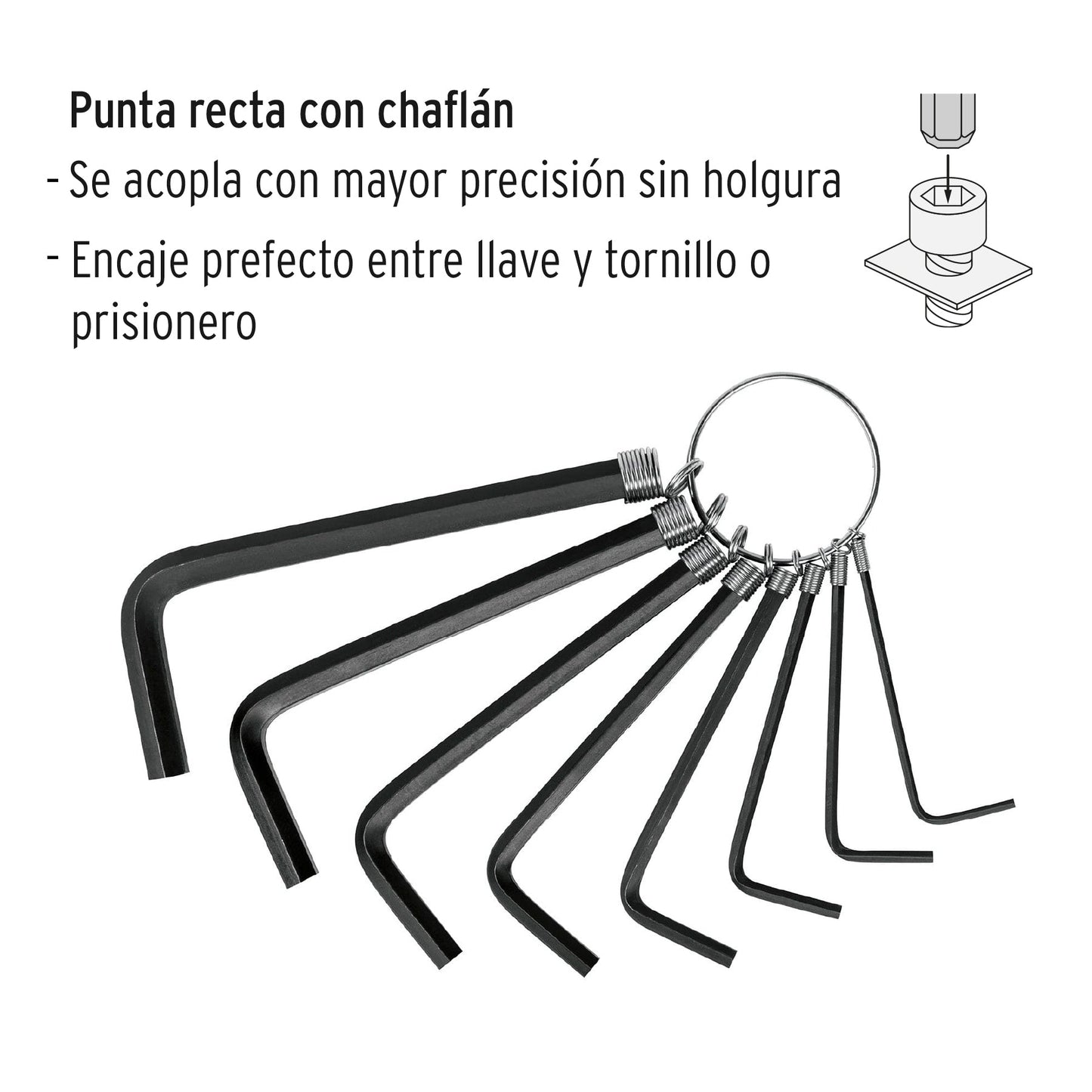Juego de 8 llaves allen mm tipo llavero, punta hex, PRETUL | ALL-P8M | 21851