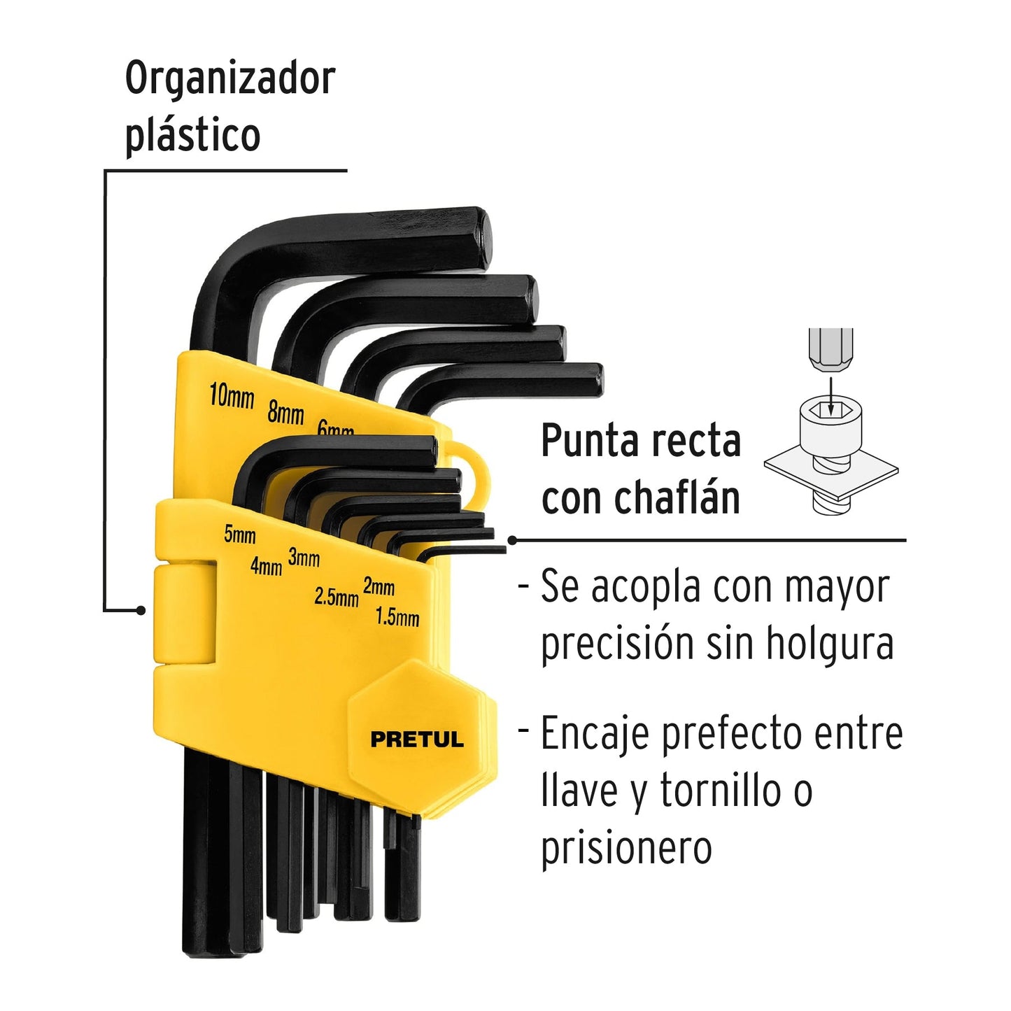 Juego 10 llaves allen mm punta hex con organizador, PRETUL | ALL-10M-P | 21855
