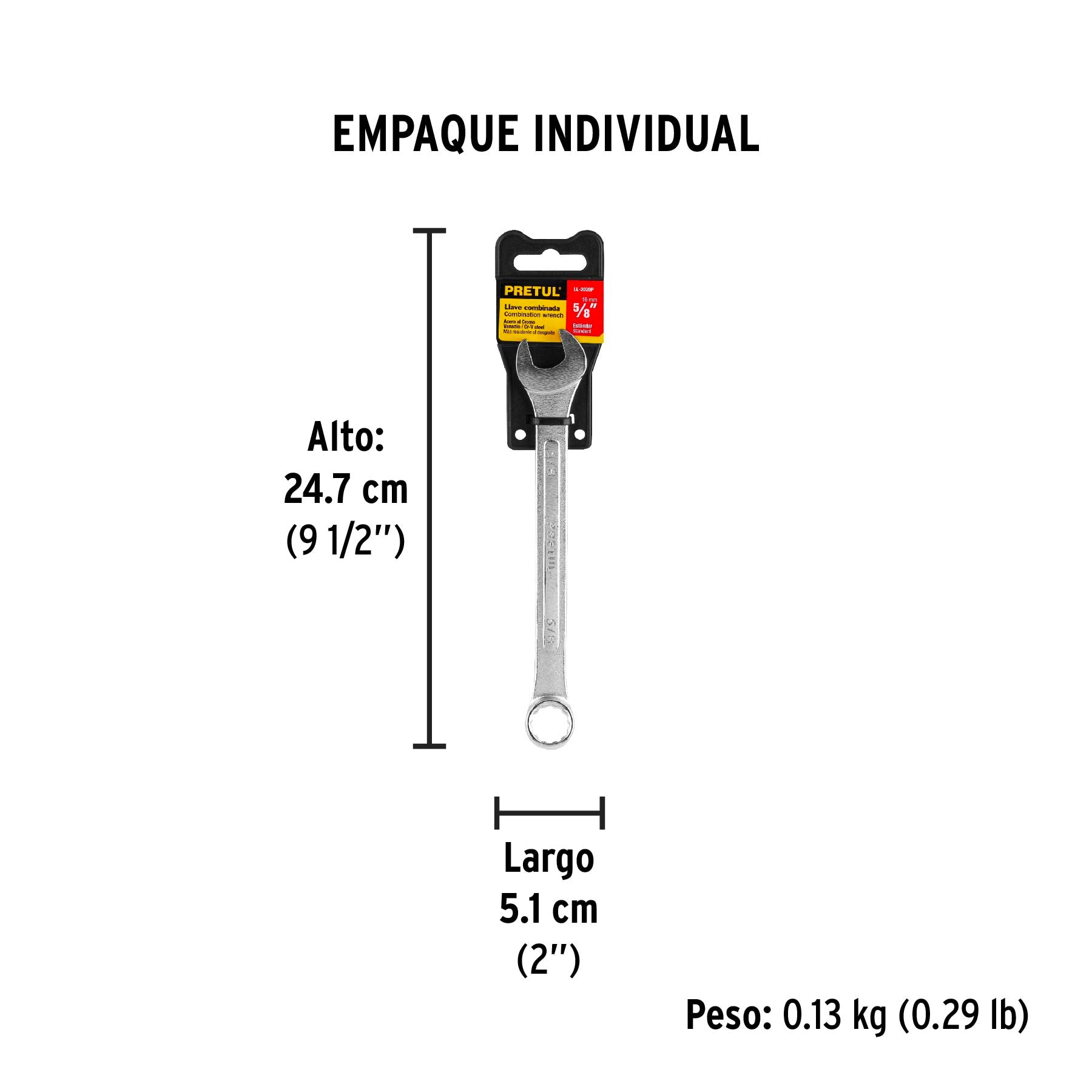 Llave combinada 5/8' x 200 mm de largo, Pretul | LL-2020P | 21886