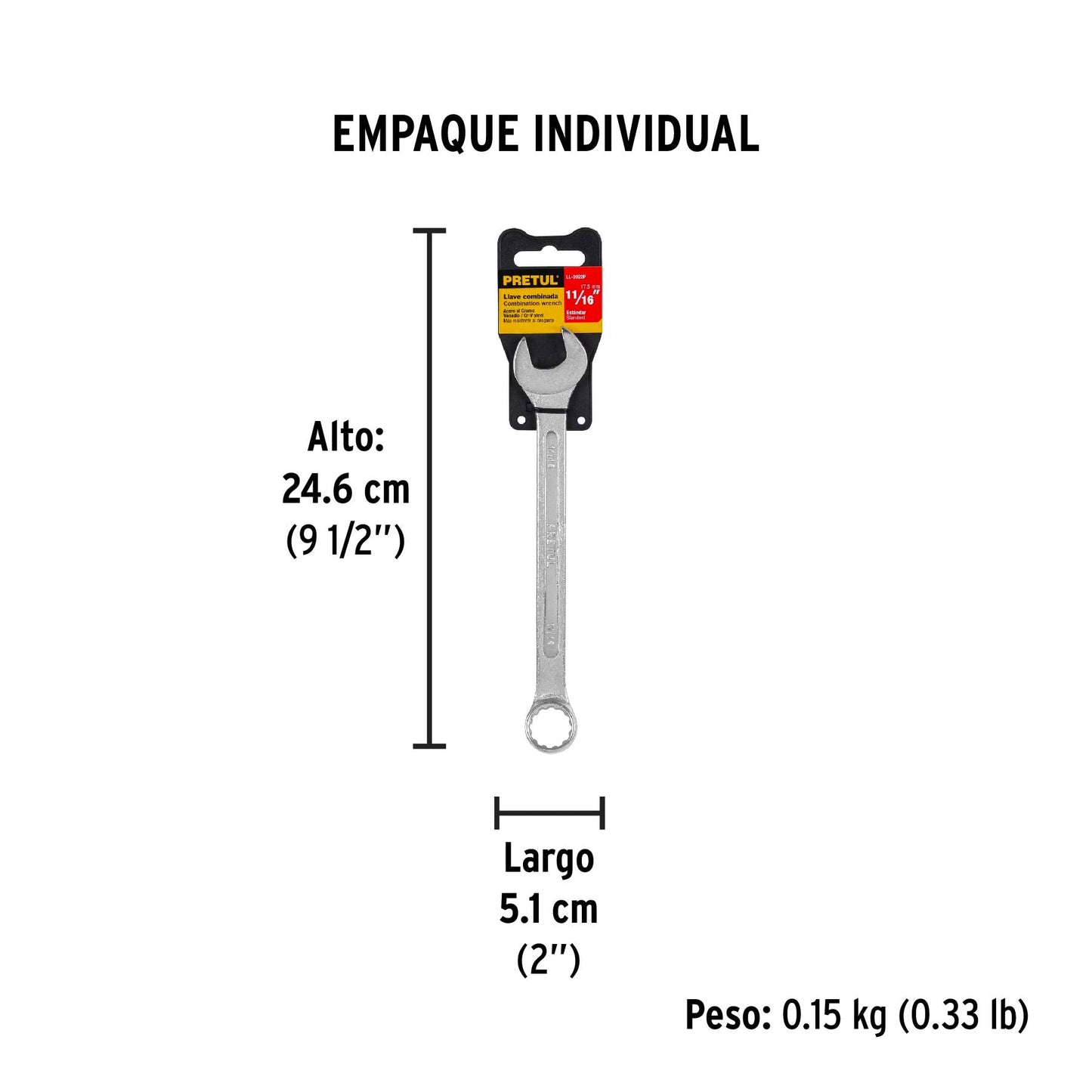 Llave combinada 11/16' x 210 mm de largo, Pretul | LL-2022P | 21887