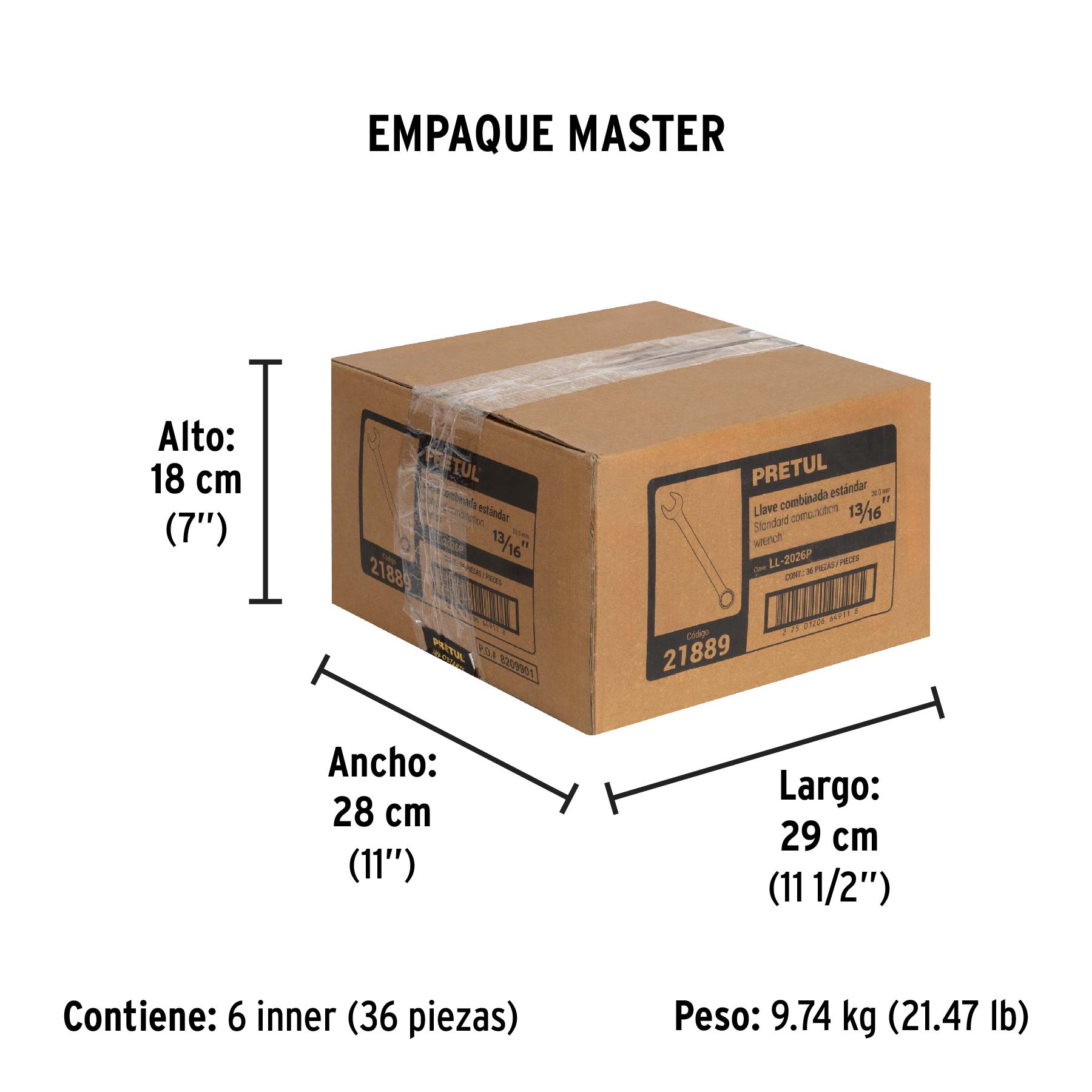 Llave combinada 13/16' x 250 mm de largo, Pretul | LL-2026P | 21889