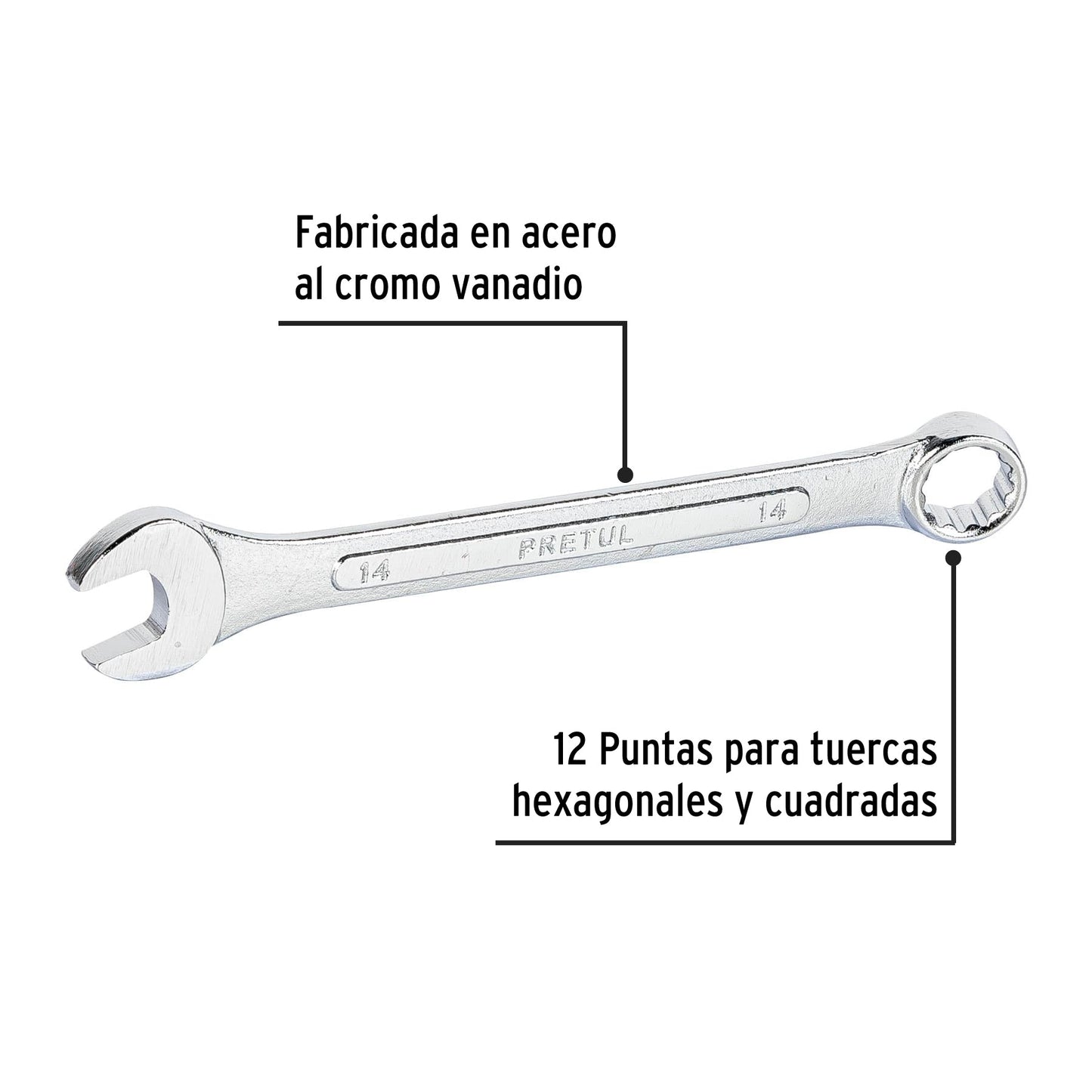 Llave combinada 14 mm x 180 mm de largo, Pretul | LL-2014MP | 21908