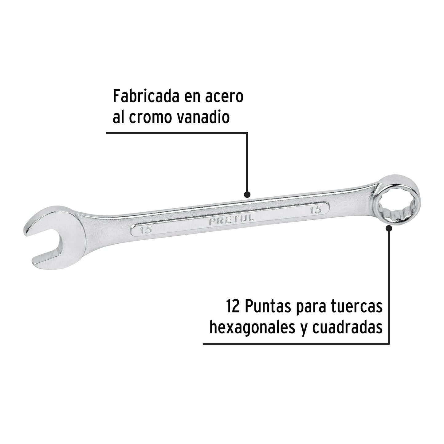 Llave combinada 15 mm x 190 mm de largo, Pretul | LL-2015MP | 21909