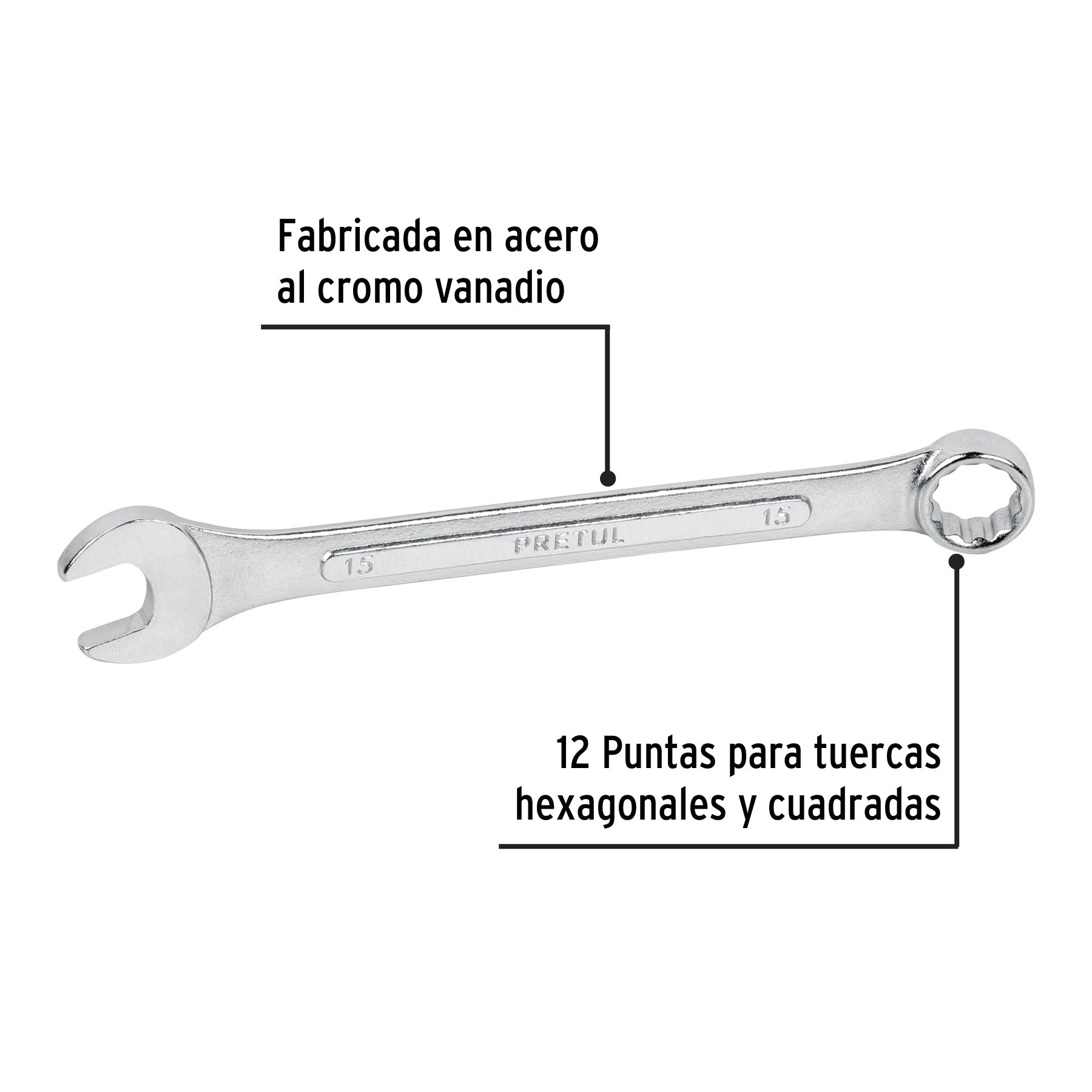Llave combinada 15 mm x 190 mm de largo, Pretul | LL-2015MP | 21909