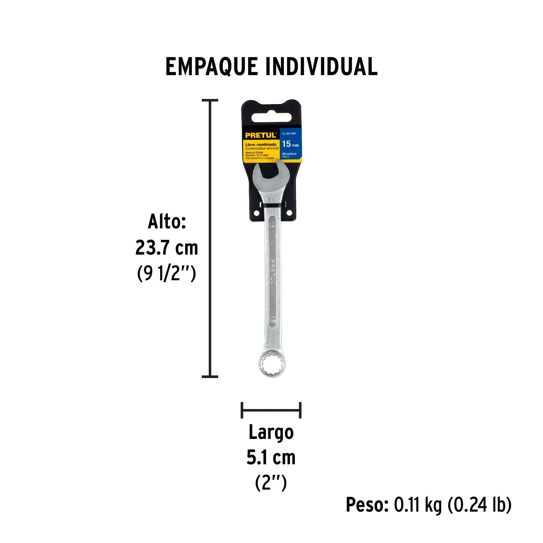 Llave combinada 15 mm x 190 mm de largo, Pretul | LL-2015MP | 21909