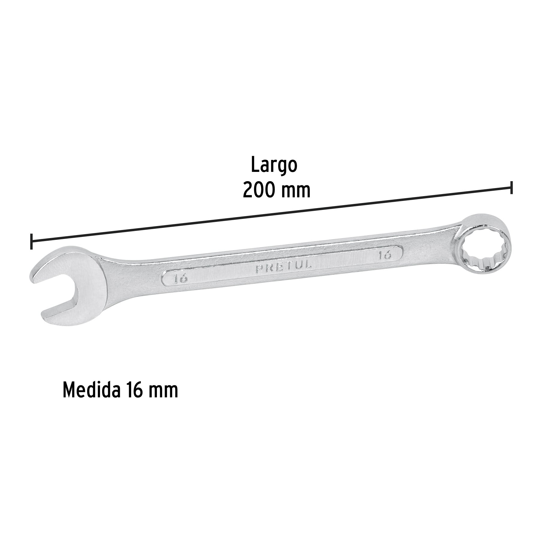 Llave combinada 16 mm x 200 mm de largo, Pretul | LL-2016MP | 21910