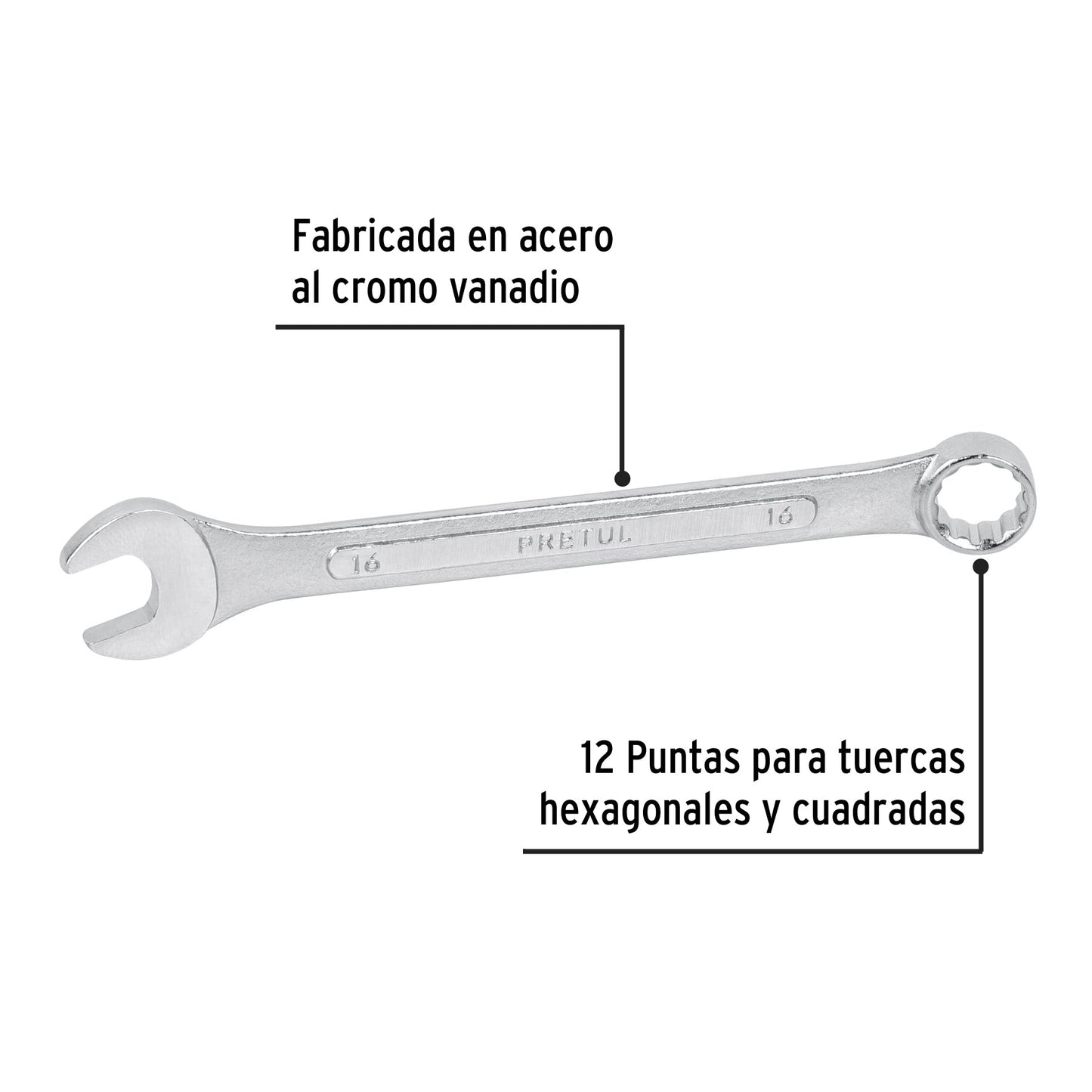 Llave combinada 16 mm x 200 mm de largo, Pretul | LL-2016MP | 21910