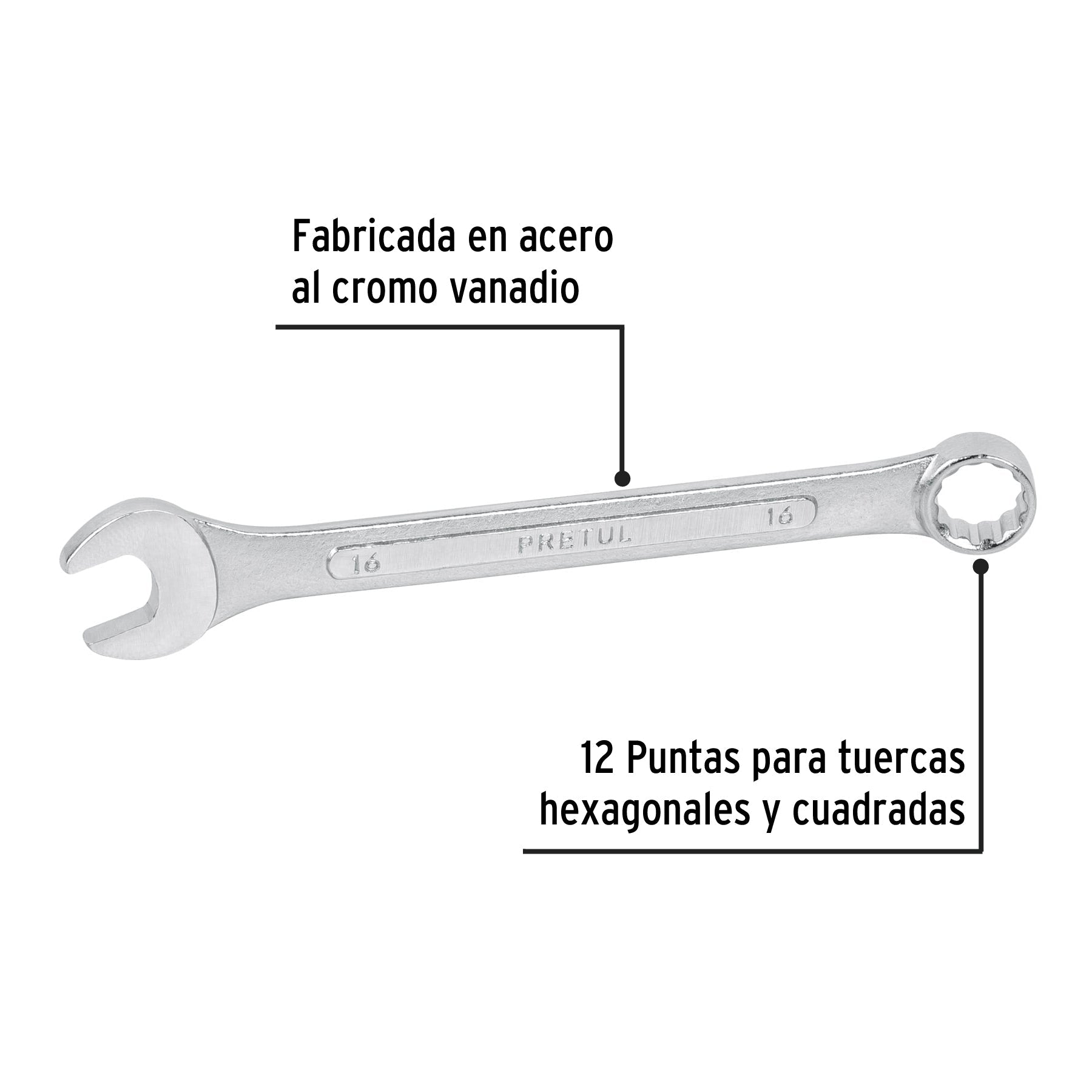 Llave combinada 16 mm x 200 mm de largo, Pretul | LL-2016MP | 21910