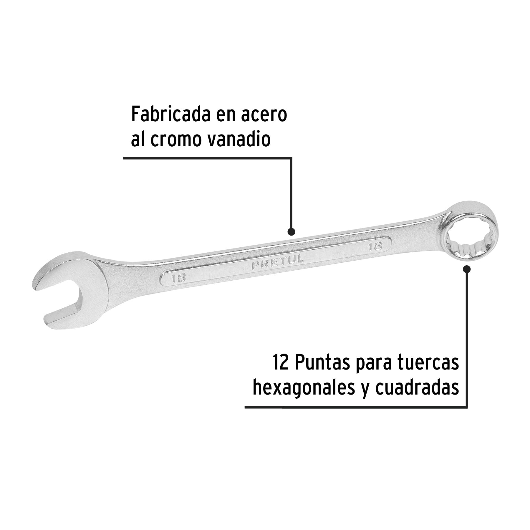 Llave combinada 18 mm x 220 mm de largo, Pretul | LL-2018MP | 21912
