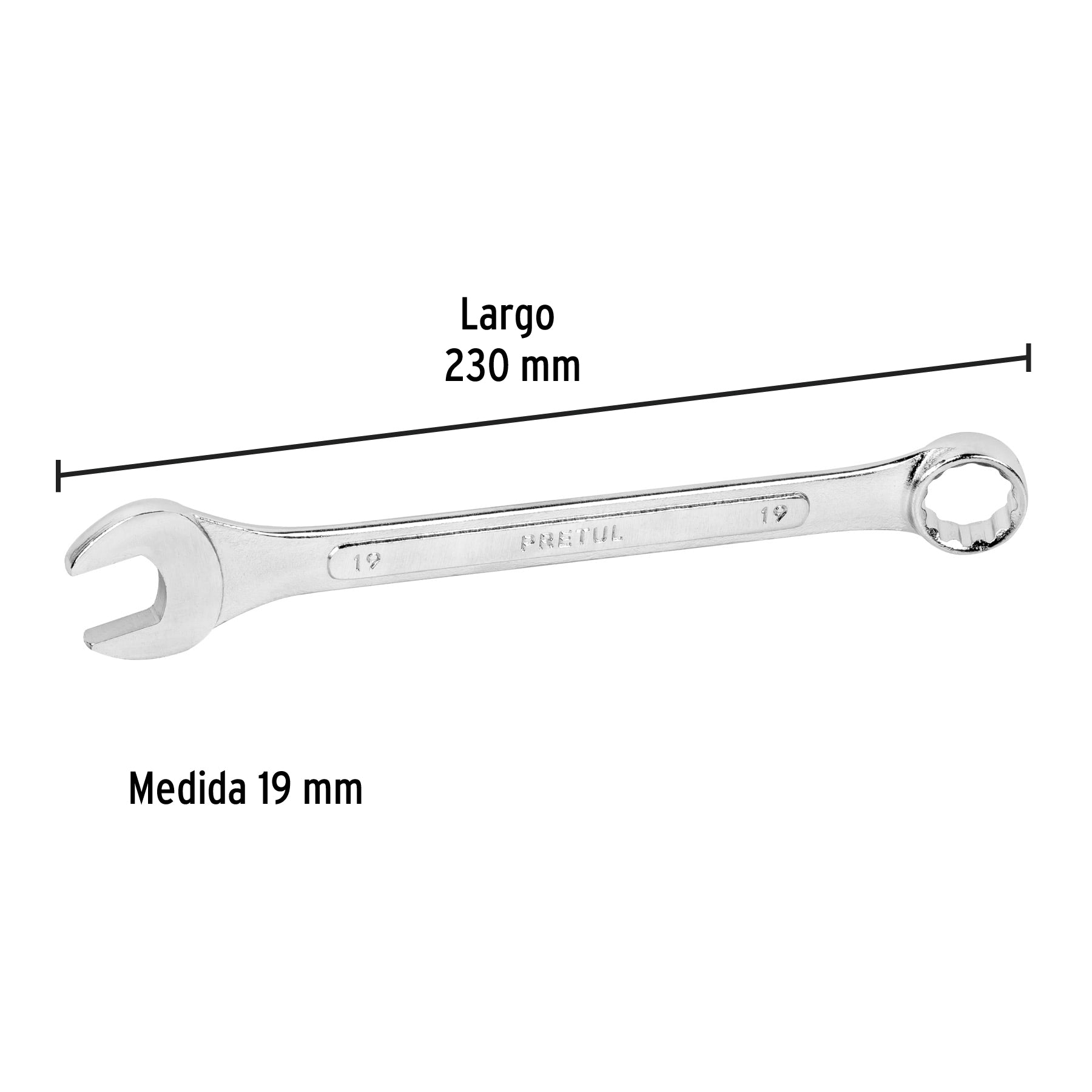 Llave combinada 19 mm x 230 mm de largo, Pretul | LL-2019MP | 21913